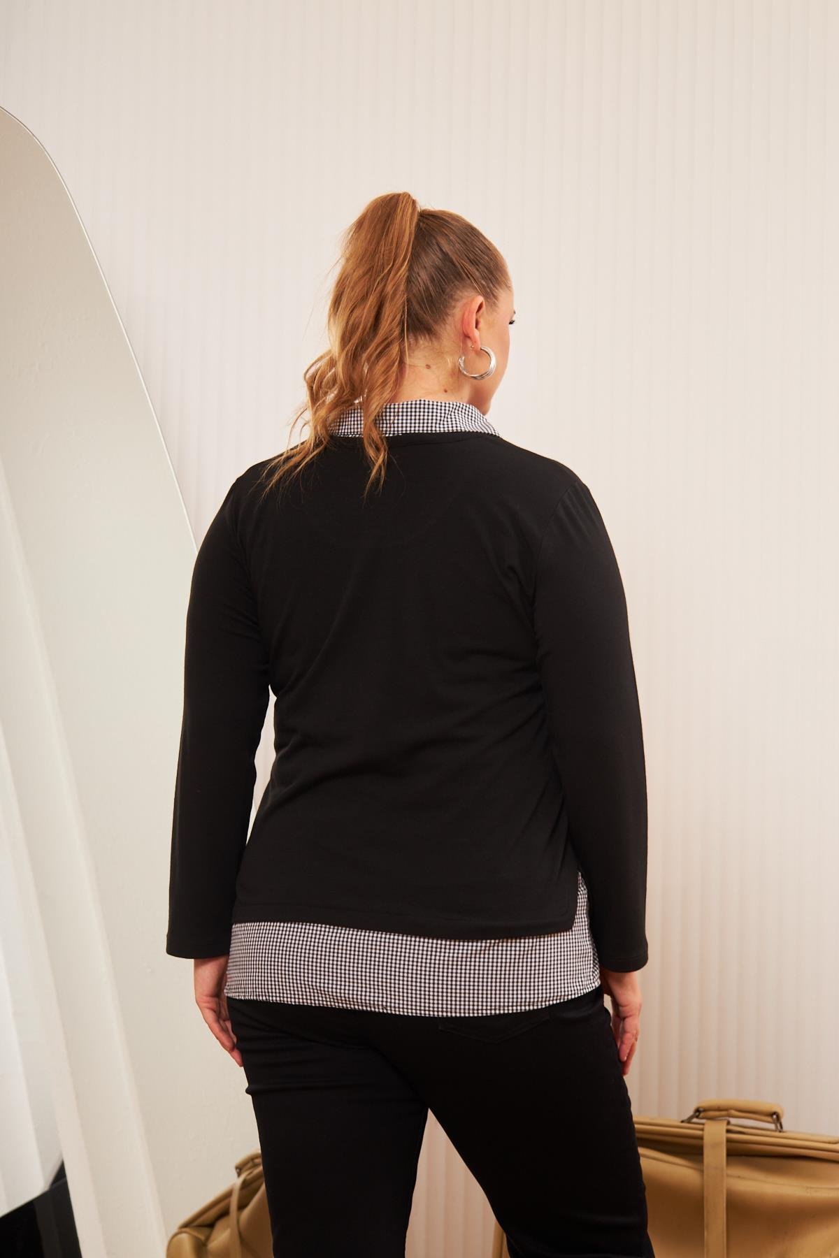 Rmg Cep Detaylı Ekoseli Büyük Beden Siyah Gömlek Bluz