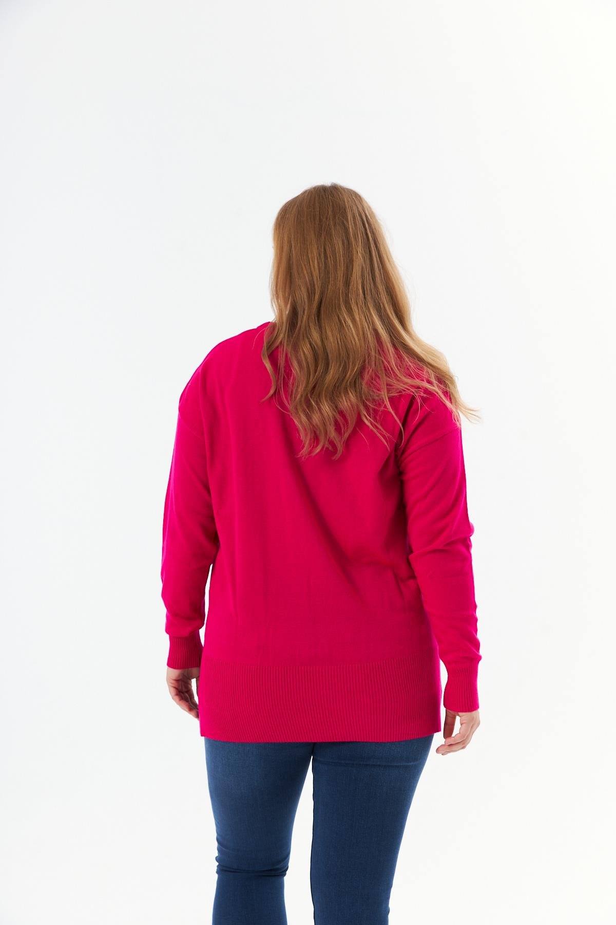 Büyük Beden Bisiklet Yaka Triko Kazak Fuşya