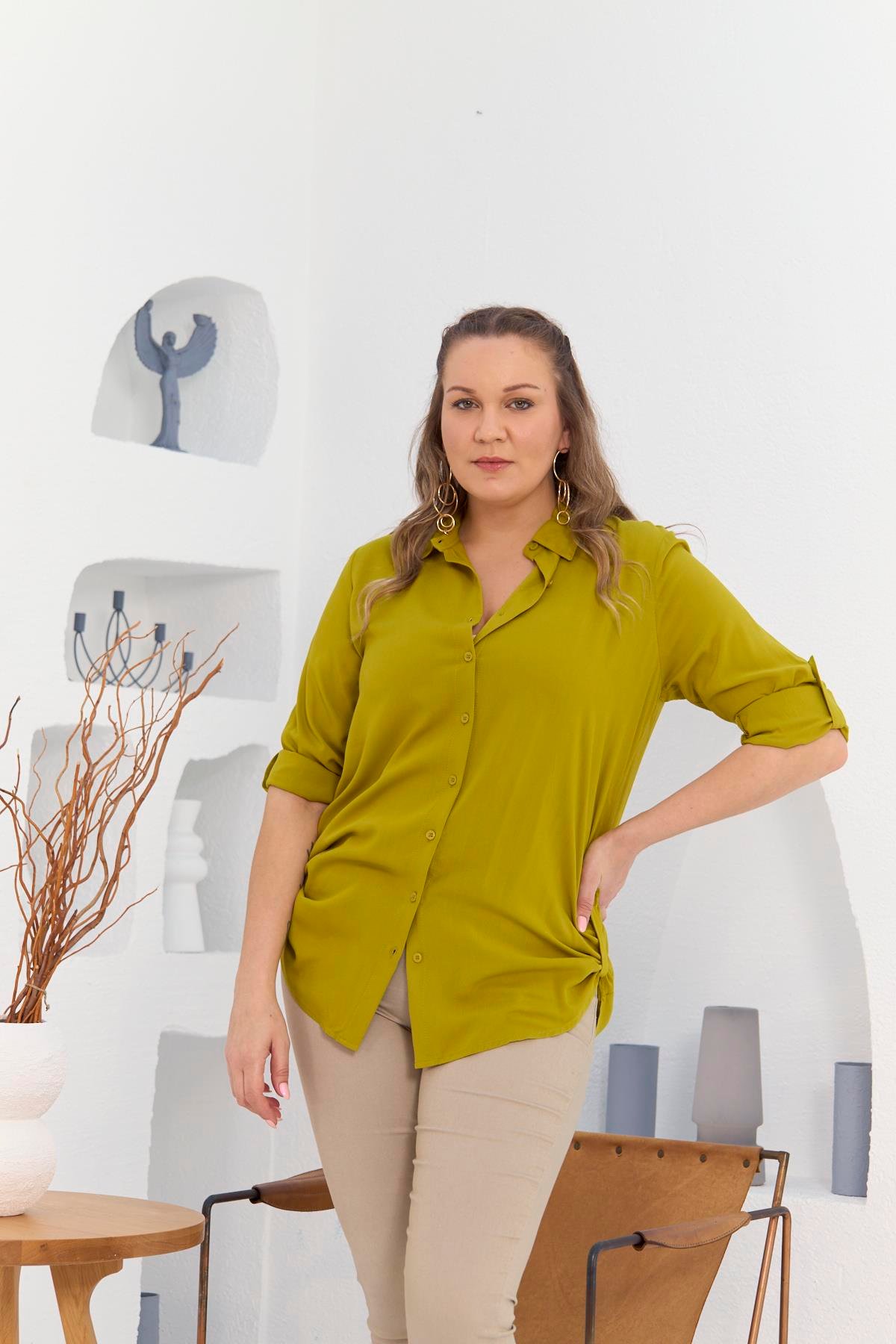 Rmg Yanları Apolet Detaylı Büyük Beden Oliv Gömlek