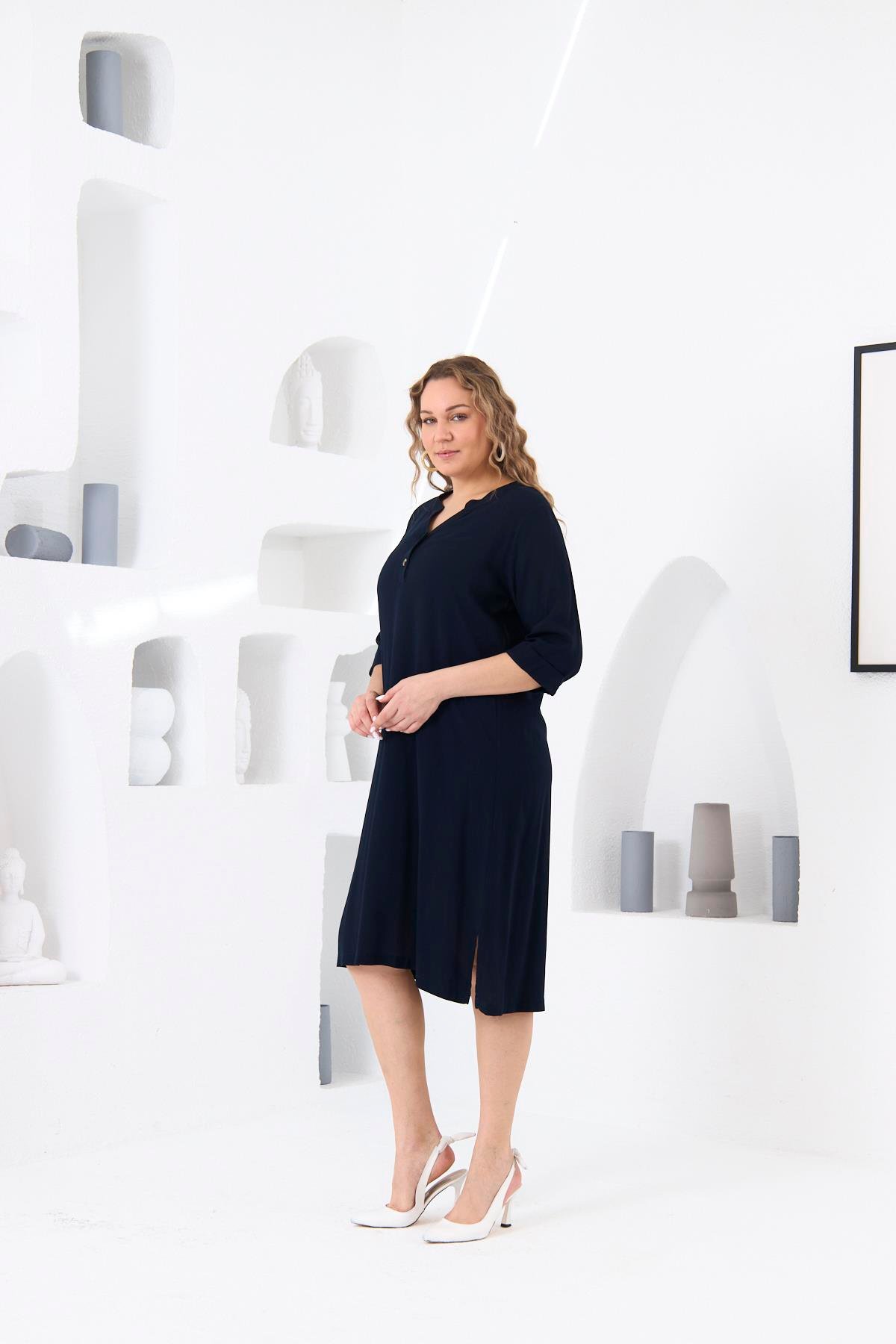 Rmg Düğme Detaylı Büyük Beden Lacivert Viskon Elbise