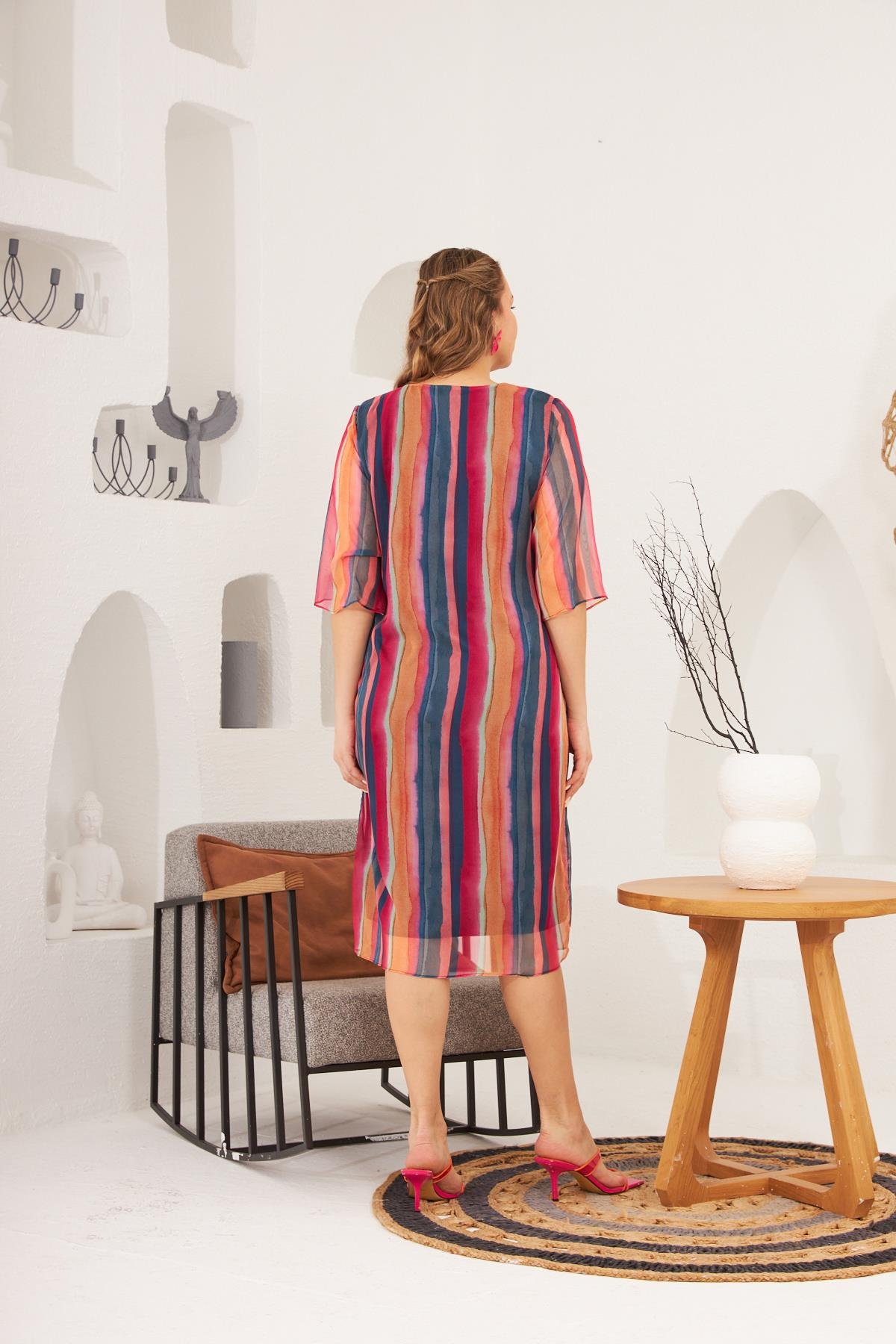 Rmg Desenli Büyük Beden Lacivert Elbise