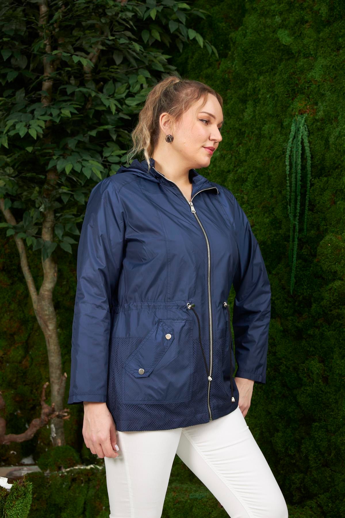 Rmg File Detaylı Büyük Beden Lacivert Trençkot