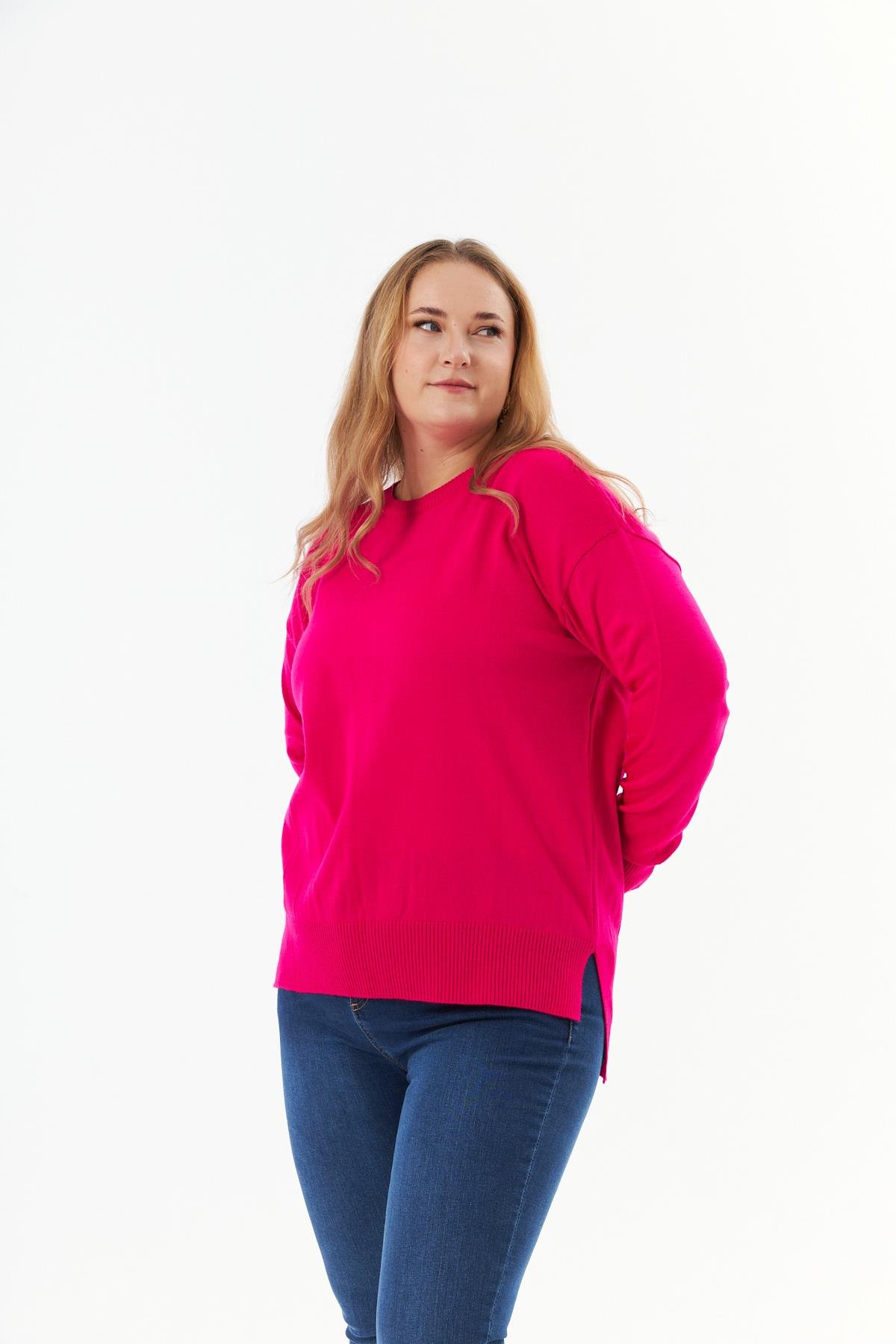 Büyük Beden Bisiklet Yaka Triko Kazak Fuşya