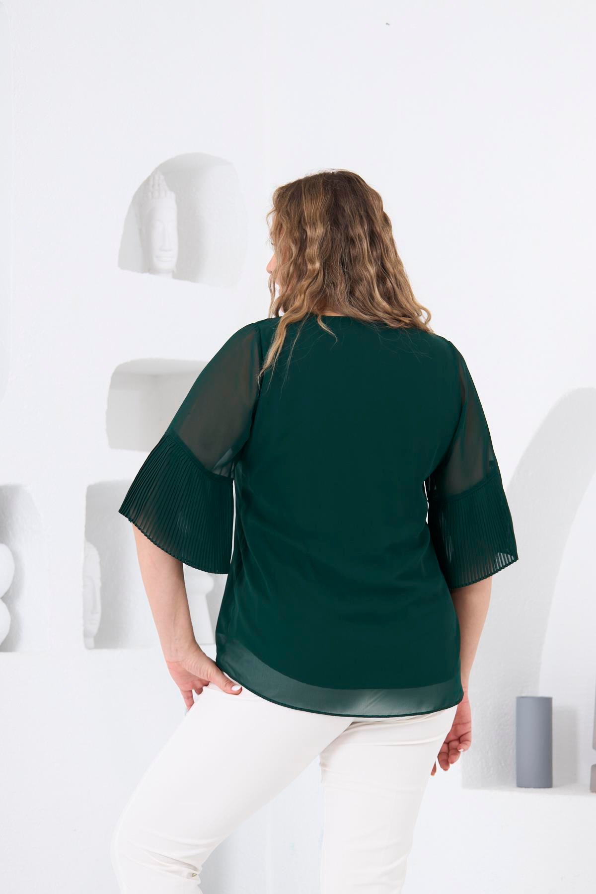 Rmg Kolları Piliseli Büyük Beden Zümrüt Bluz