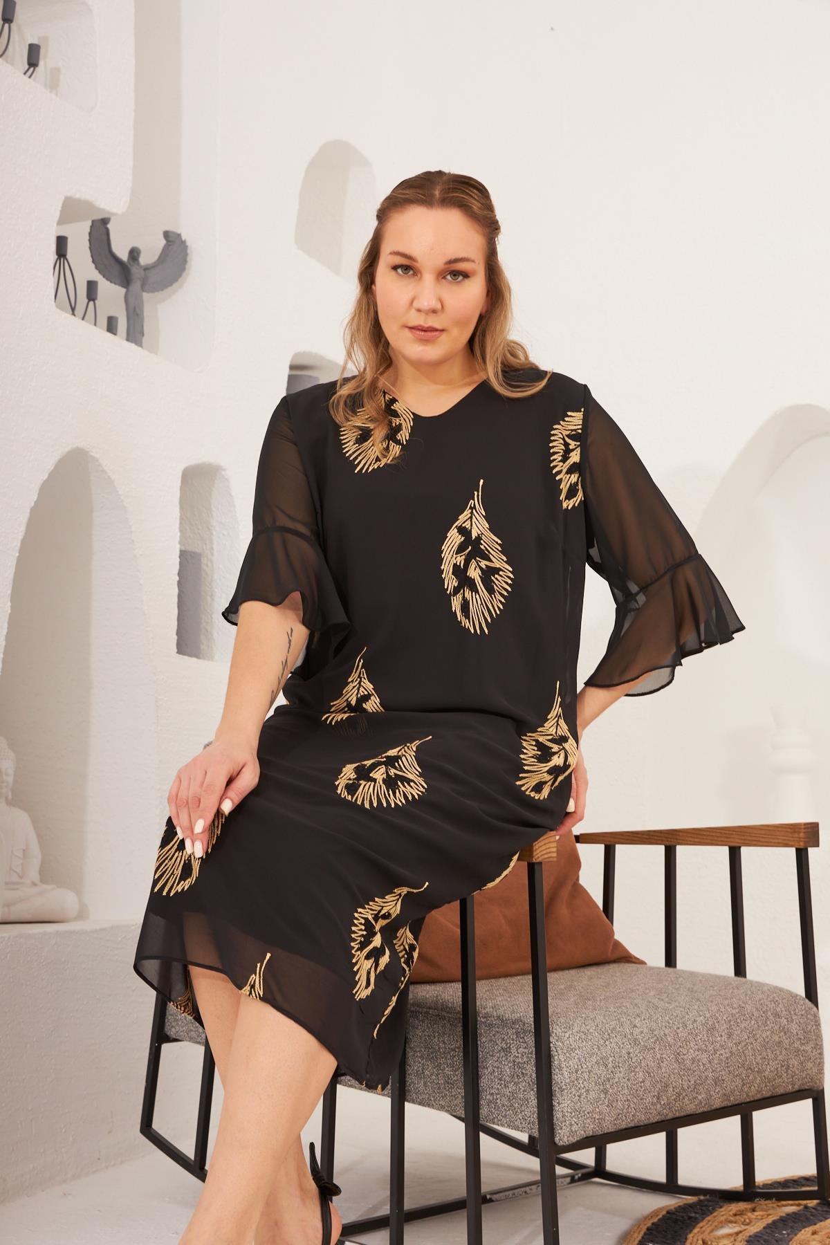 Rmg Nakış Detay İçlikli Büyük Beden Abiye Elbise Siyah