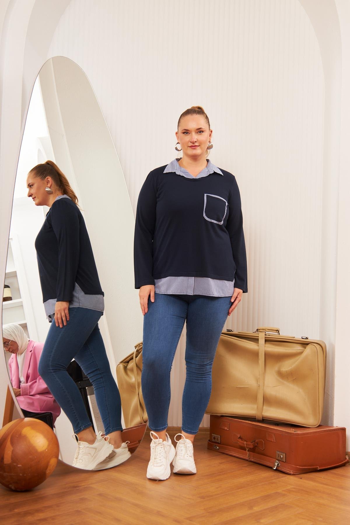 Rmg Cep Detaylı Ekoseli Büyük Beden Lacivert Gömlek Bluz