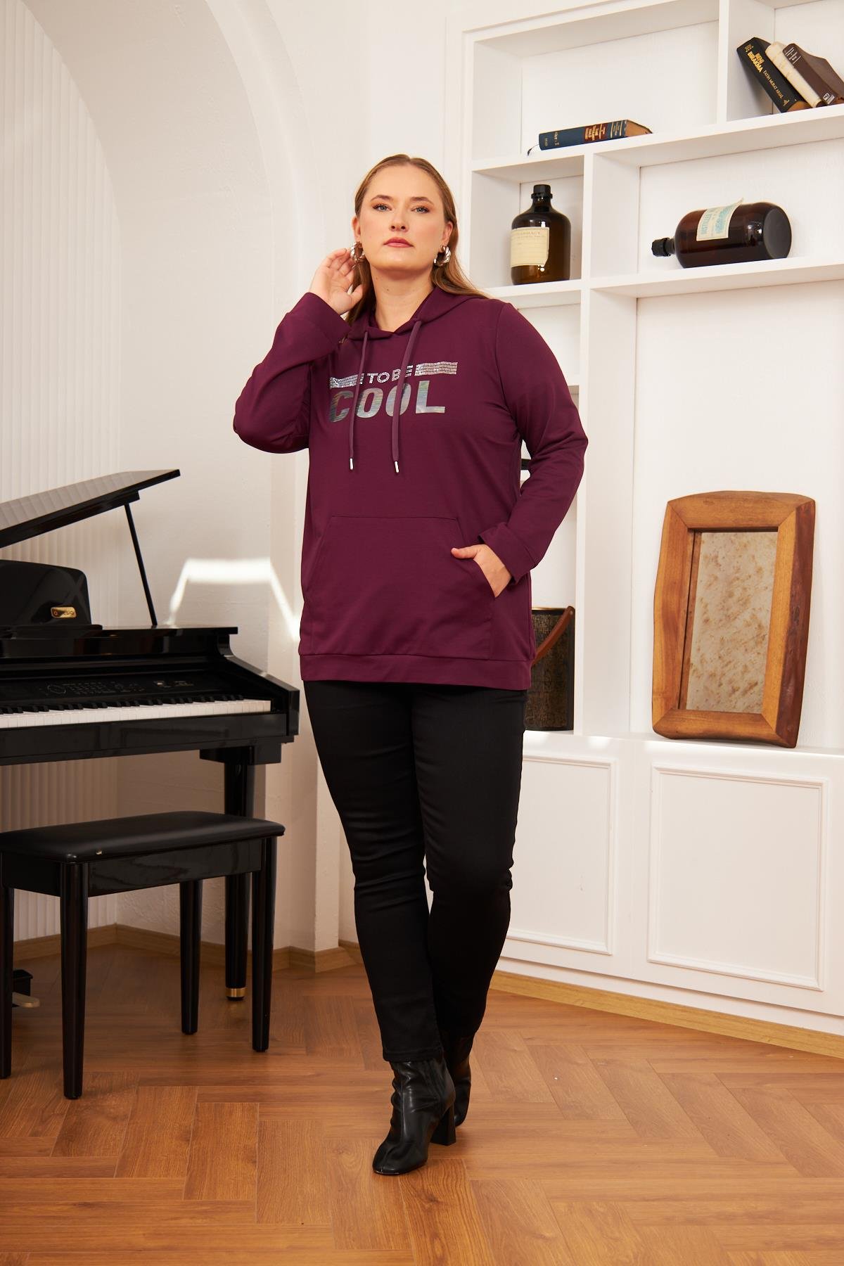 Büyük Beden Taş Baskılı Sweatshirt Koyu Mor