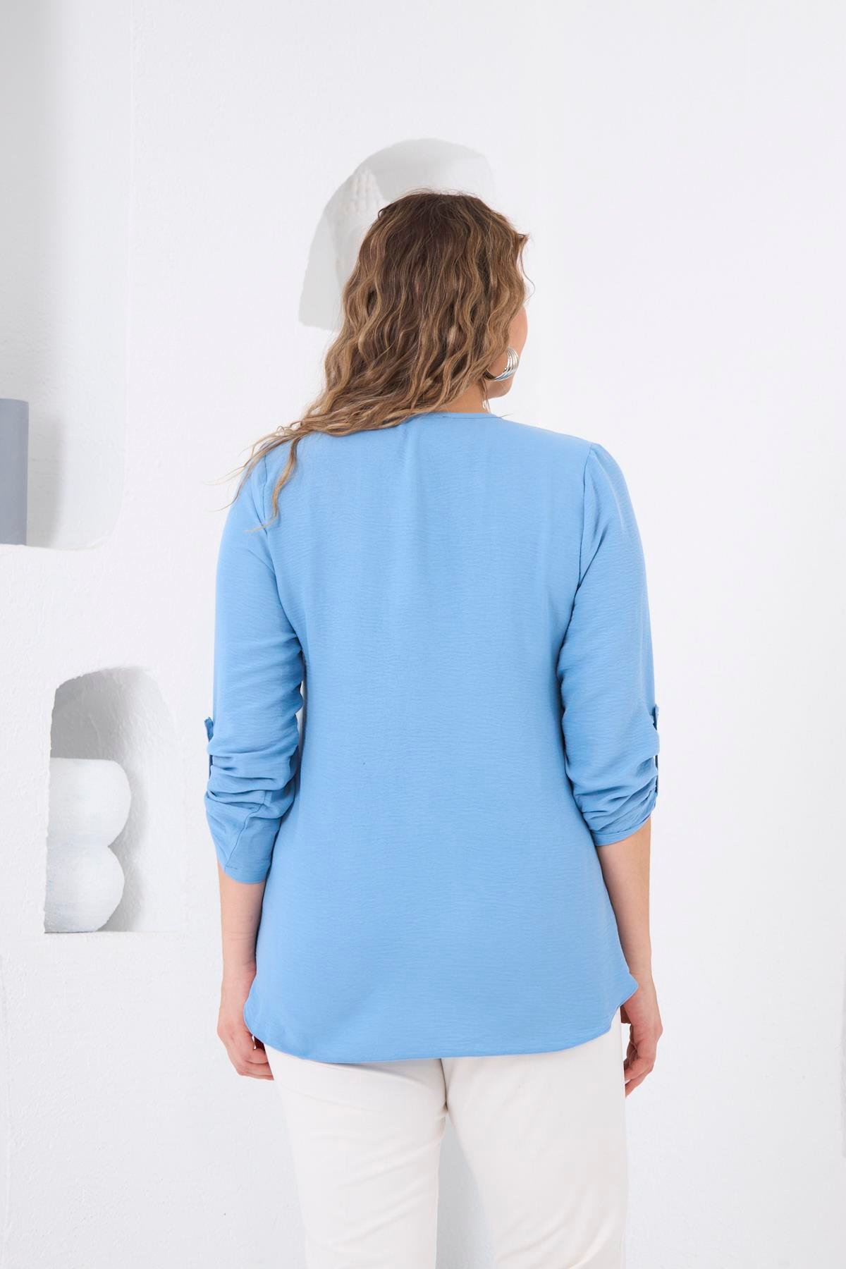 Rmg Hakim Yaka Mavi Büyük Beden Bluz