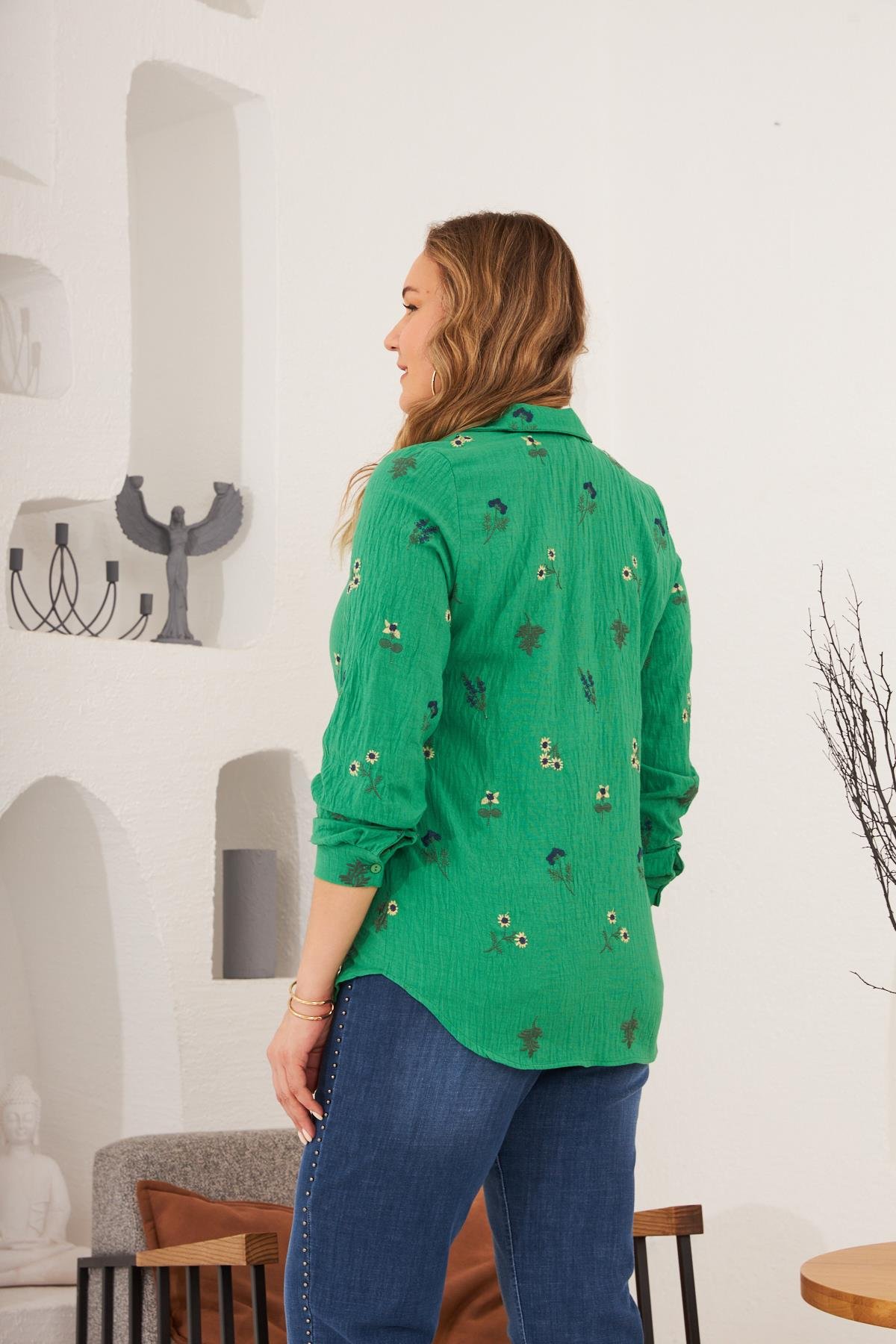 Rmg Nakışlı Büyük Beden Yeşil Gömlek