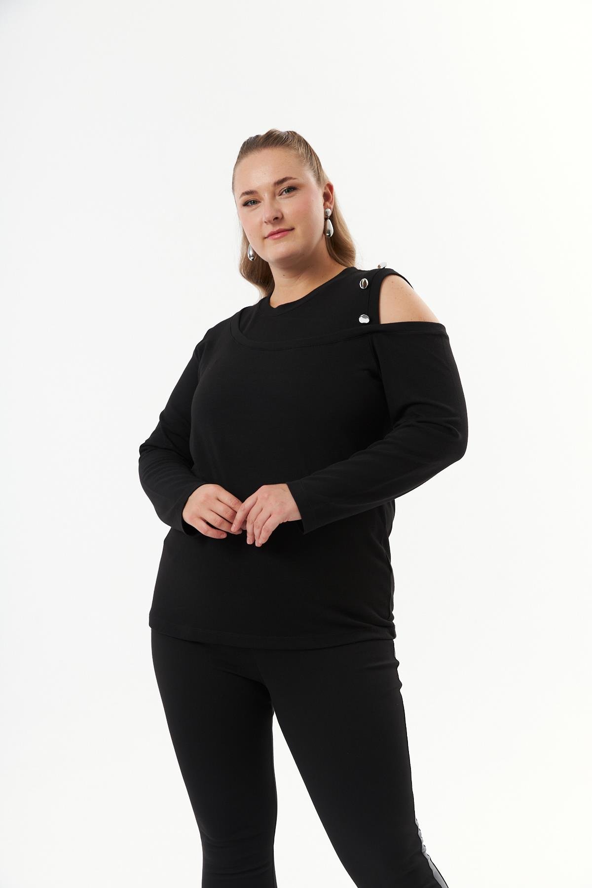 Büyük Beden Omuz Detay Örme Bluz Siyah