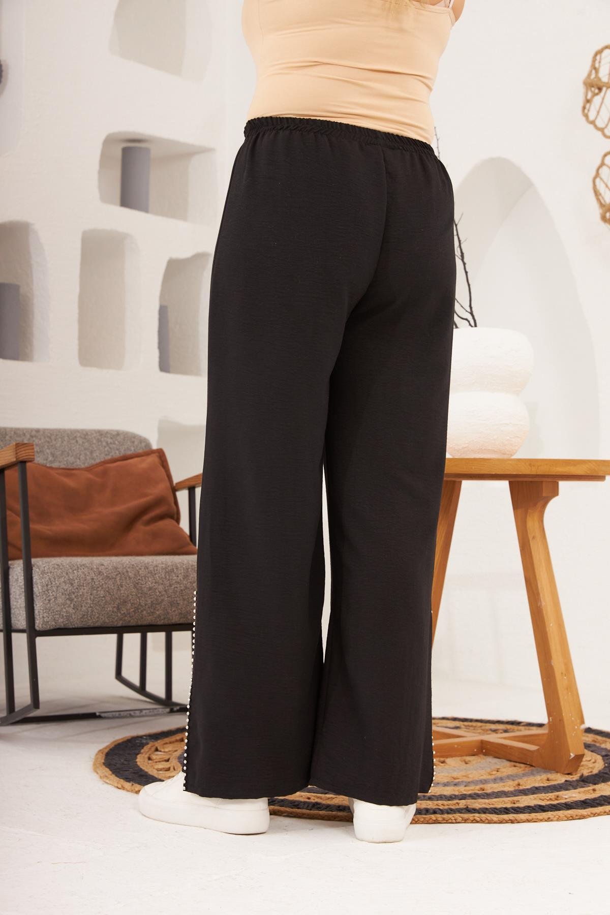 Rmg Kol Boncuk Detaylı Büyük Beden Vizon Bluz Pantolon İkili Takım