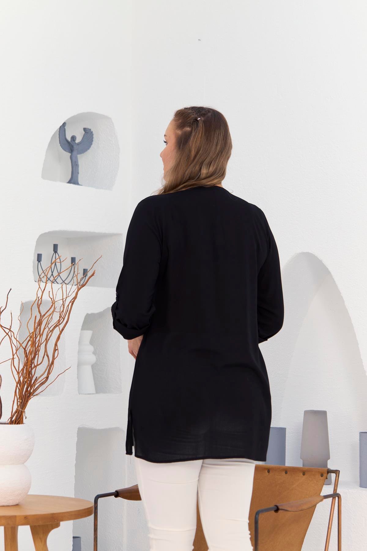 Rmg Cep Ve Kol Detaylı Yırtmaçlı Büyük Beden Siyah Tunik