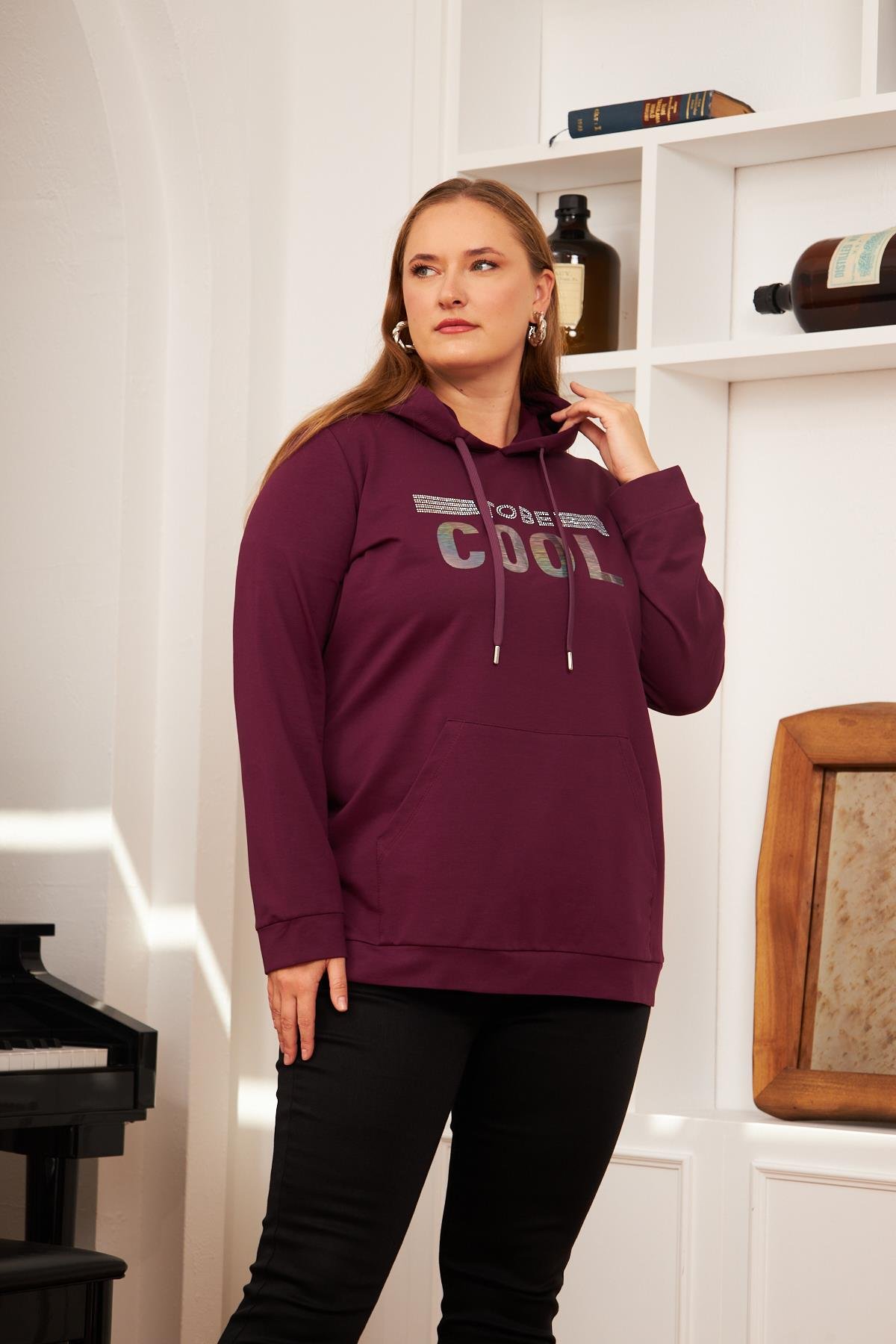 Büyük Beden Taş Baskılı Sweatshirt Koyu Mor