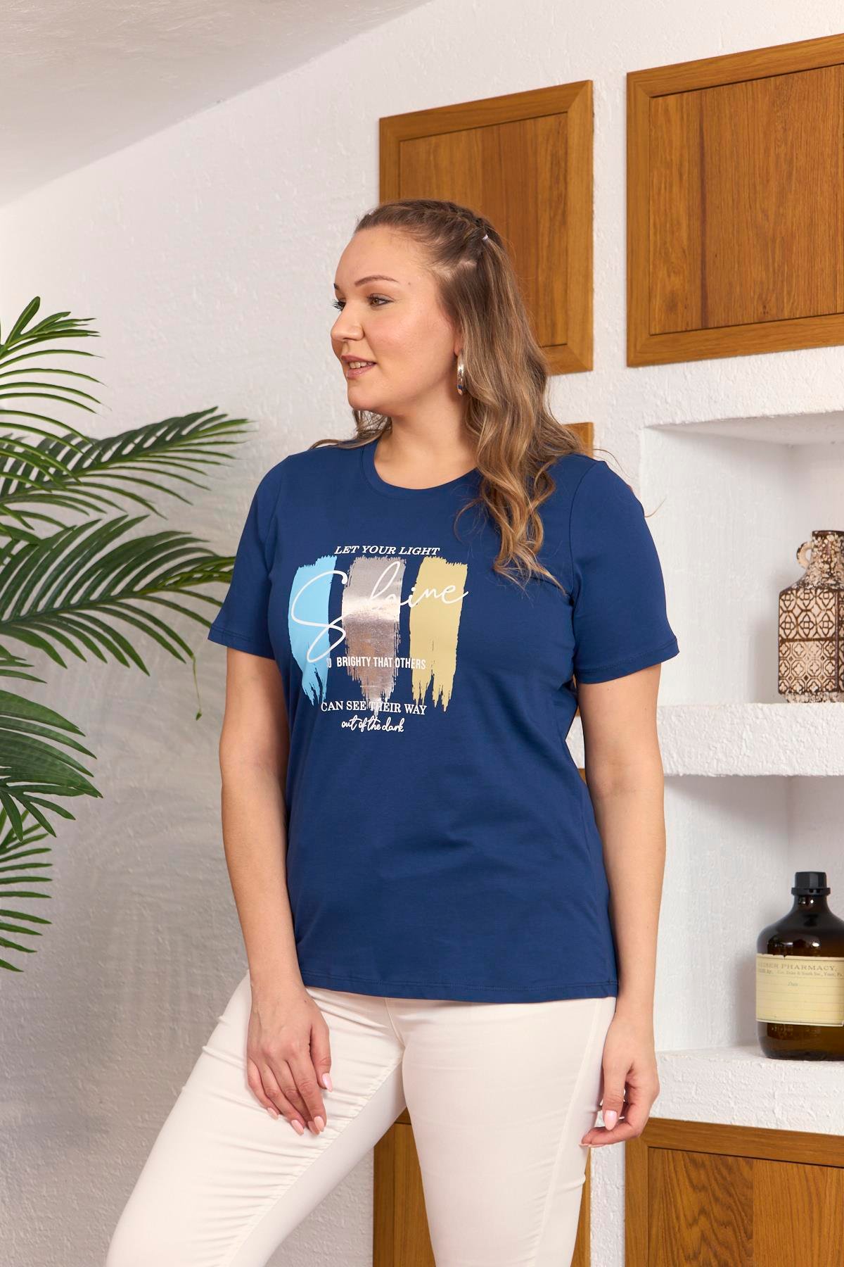 Rmg Fırça Deseni Baskılı Büyük Beden İndigo Tişört