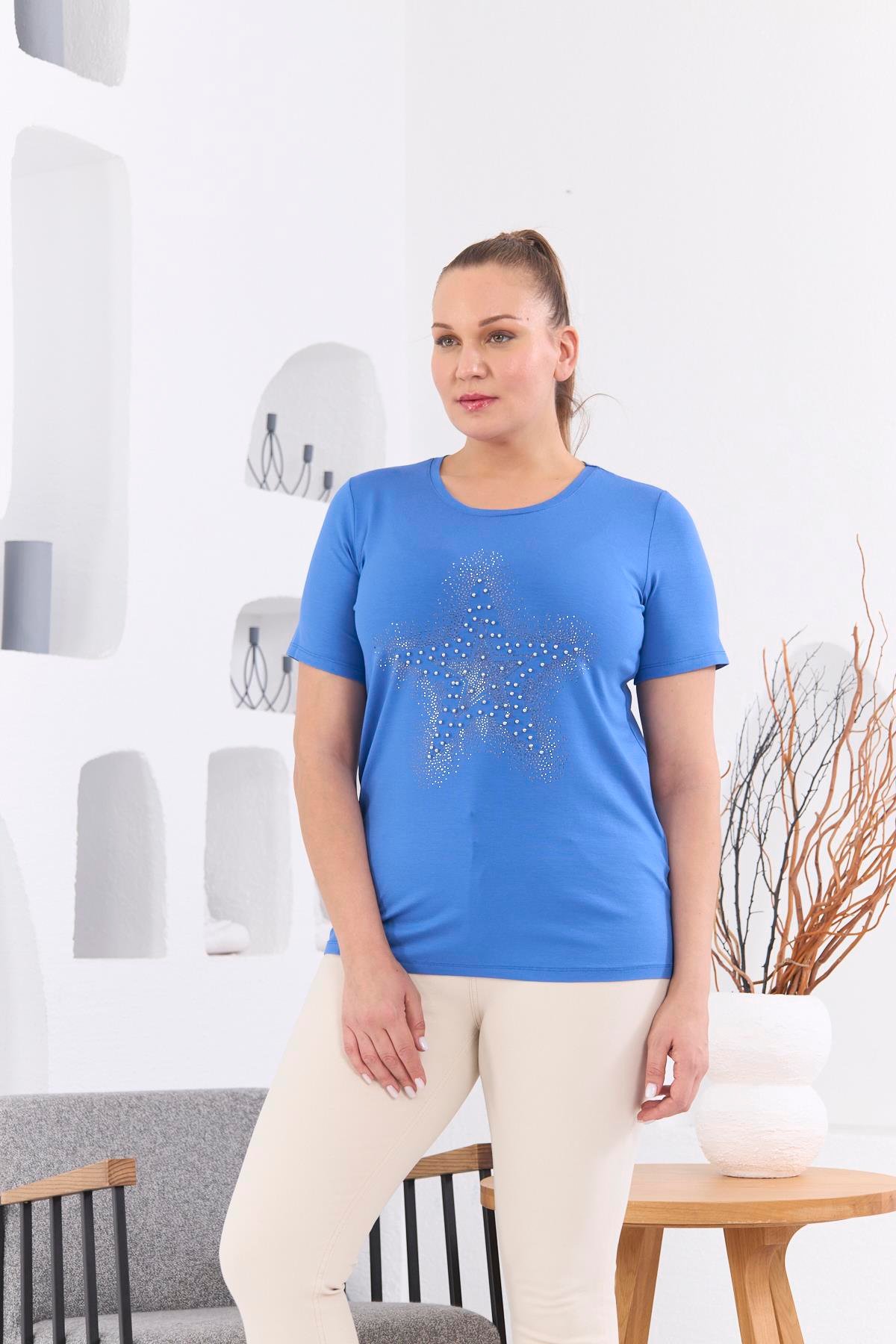 Rmg Yıldız Taş İşlemeli Büyük Beden İndigo Tişört