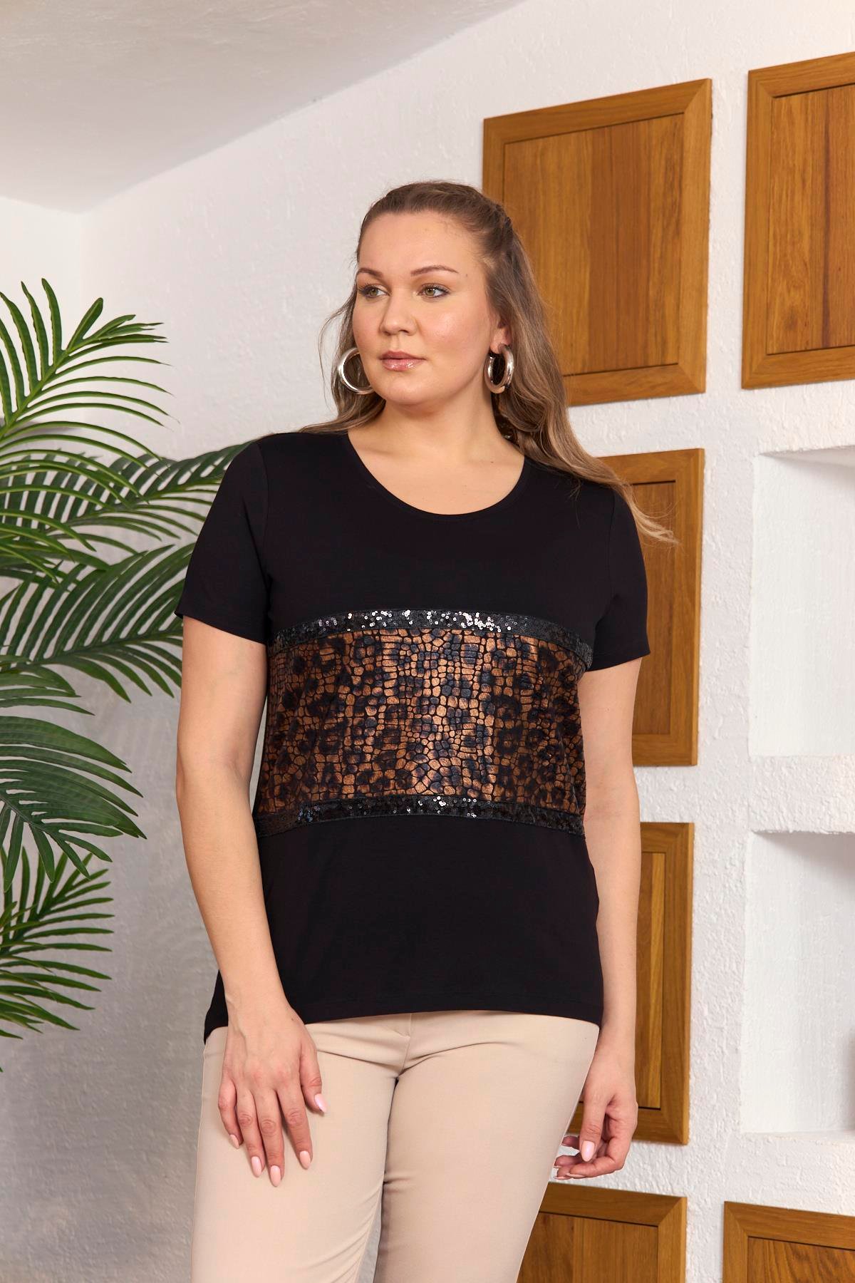 Rmg Leopar Baskılı Pul Payetli Büyük Beden Tişört Siyah