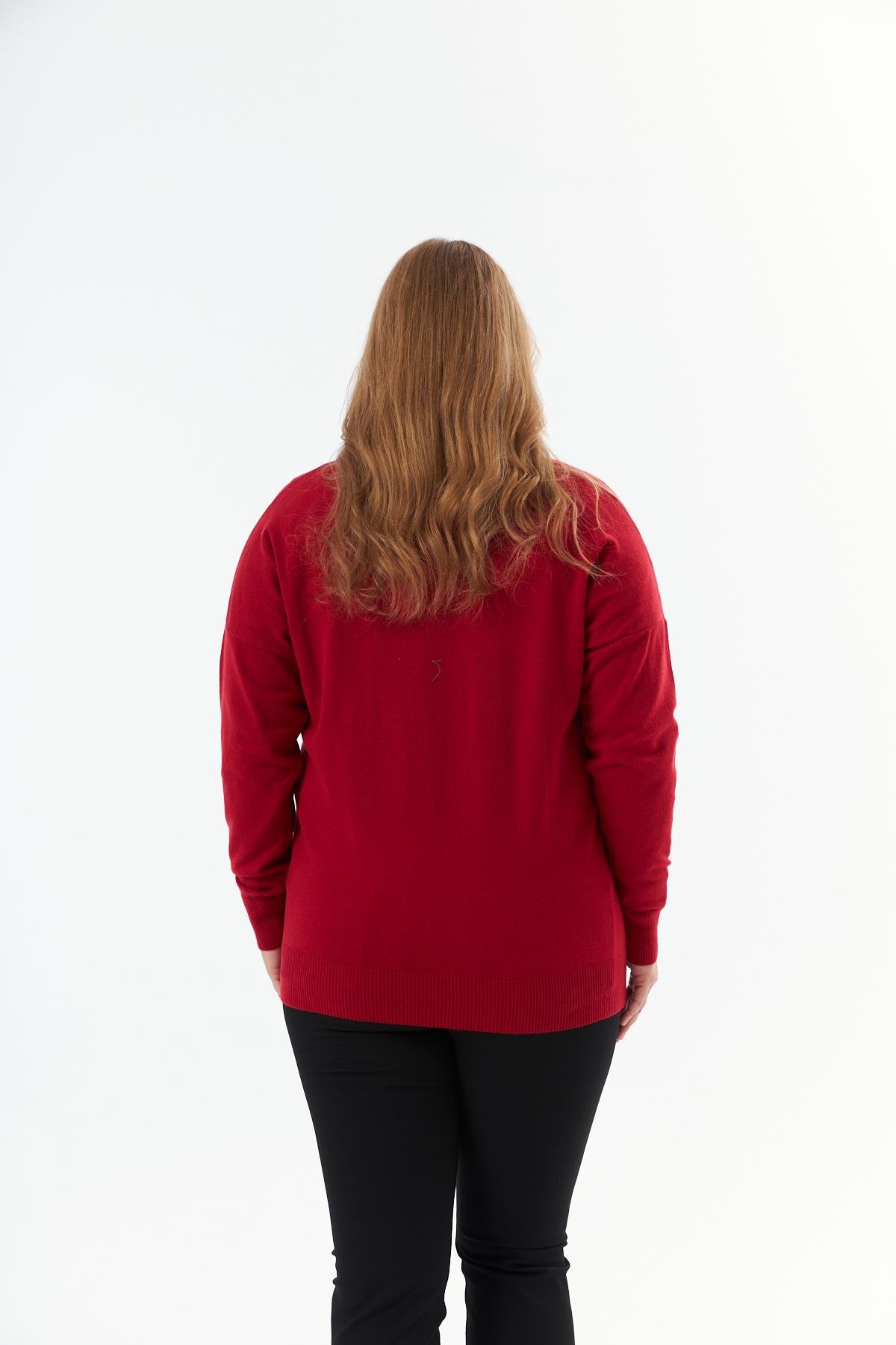 Büyük Beden V Yaka Triko Kazak Kırmızı