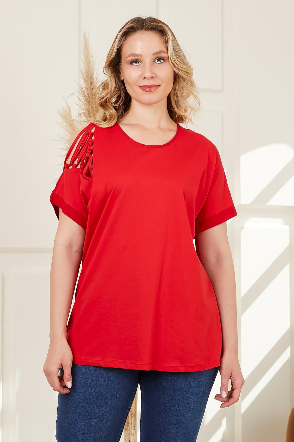 Rmg Omuz Detaylı Büyük Beden Kırmızı Tişört