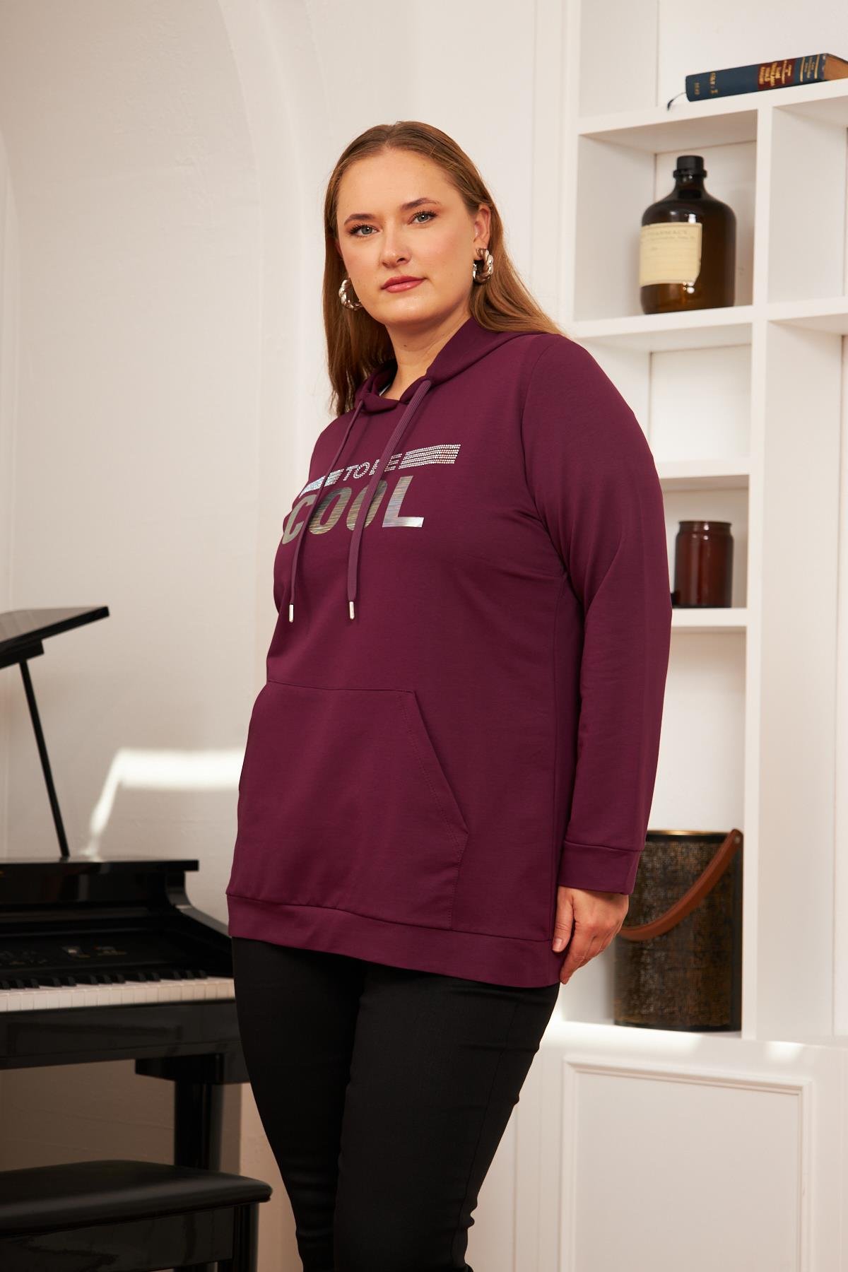 Büyük Beden Taş Baskılı Sweatshirt Koyu Mor