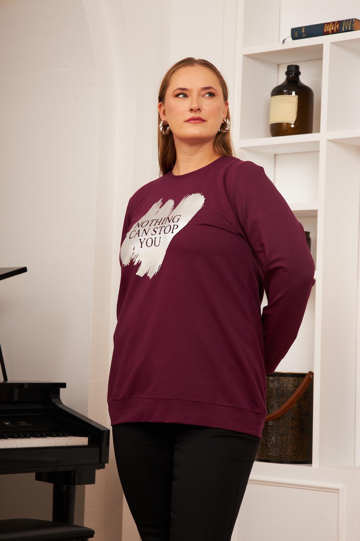 Fırça Deseni Baskılı Büyük Beden Sweatshirt Koyu Mor