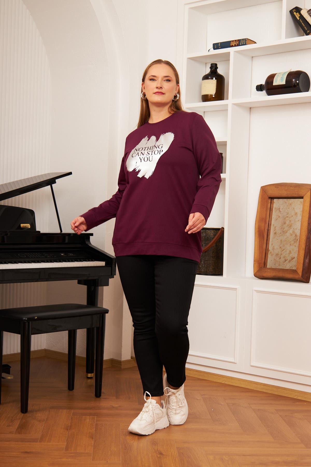 Fırça Deseni Baskılı Büyük Beden Sweatshirt Koyu Mor