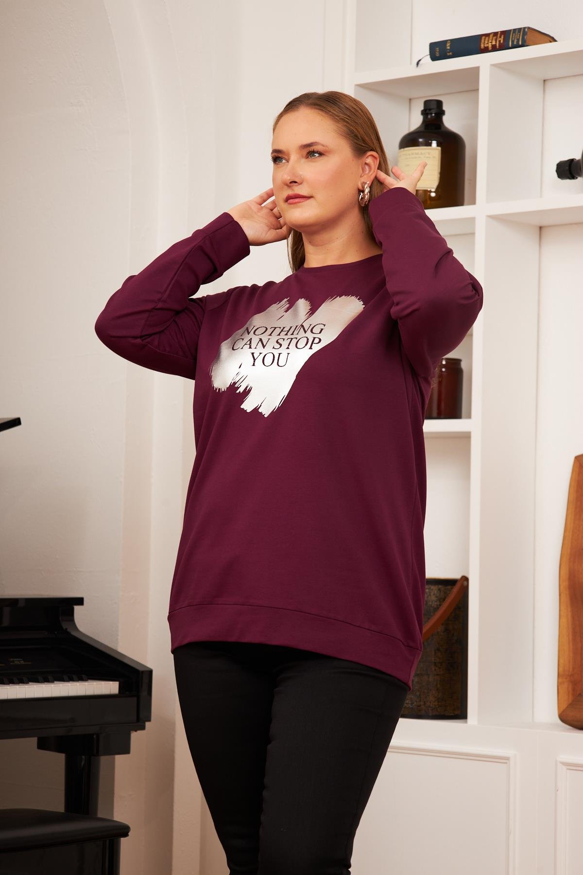 Fırça Deseni Baskılı Büyük Beden Sweatshirt Koyu Mor