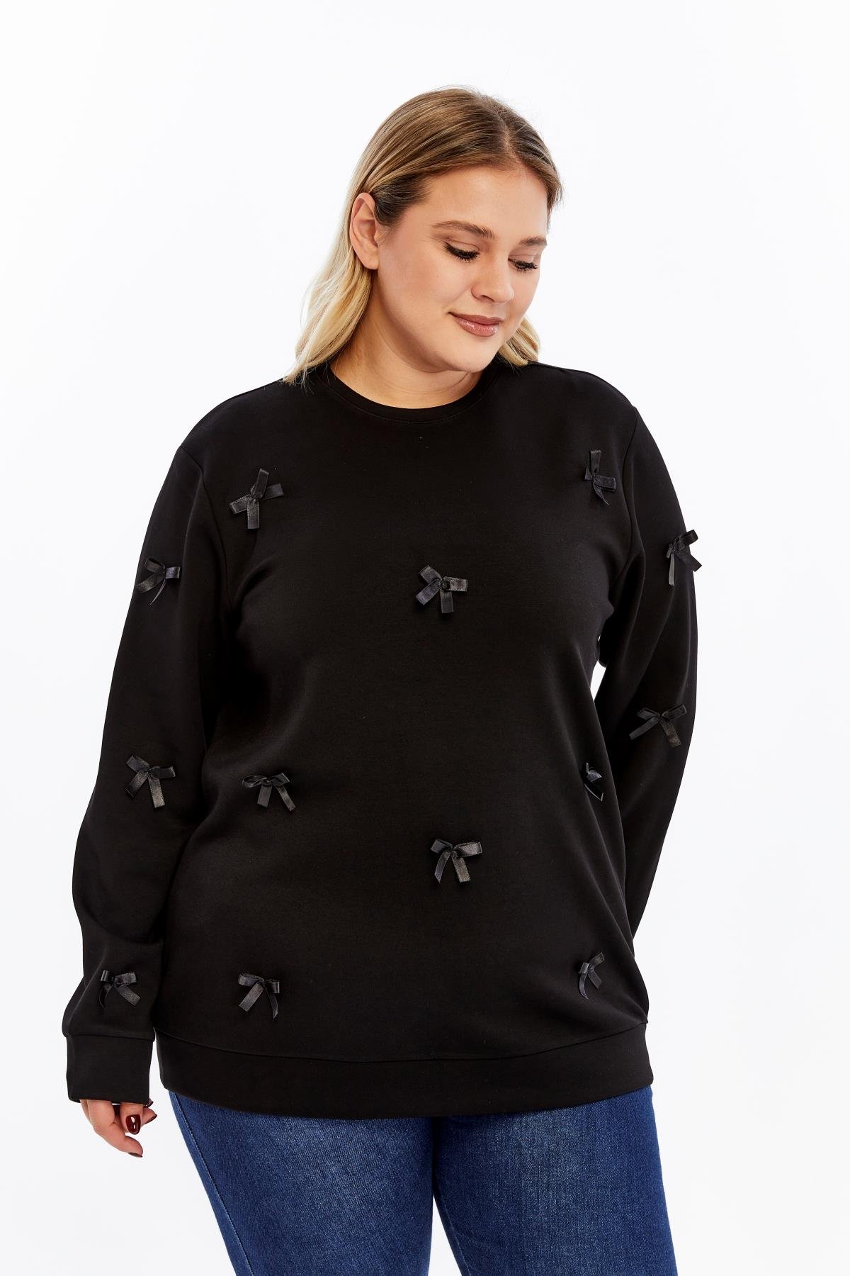 Fiyonk Detaylı Büyük Beden Sweatshirt Siyah