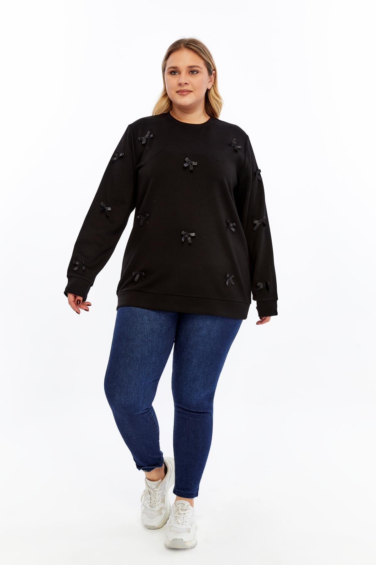 Fiyonk Detaylı Büyük Beden Sweatshirt Siyah