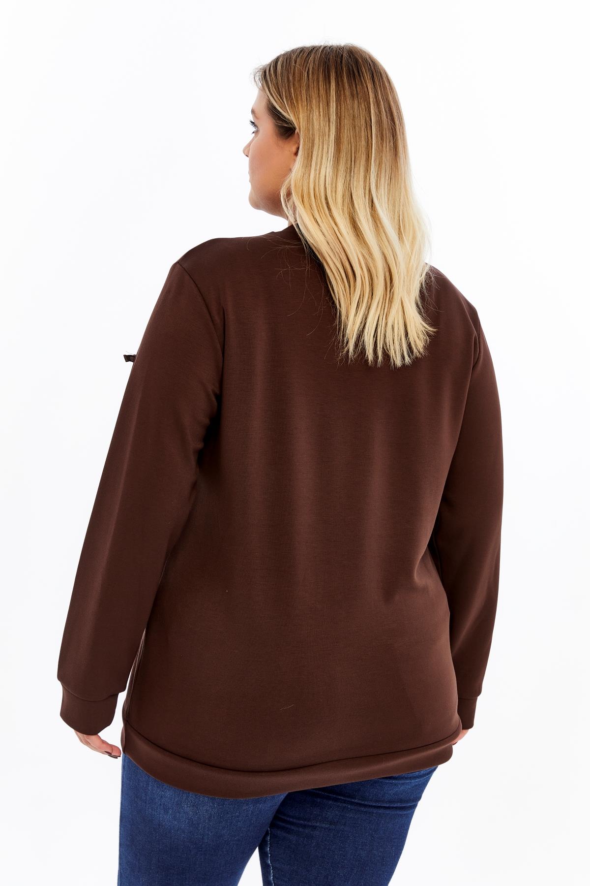 Fiyonk Detaylı Büyük Beden Sweatshirt Kahve