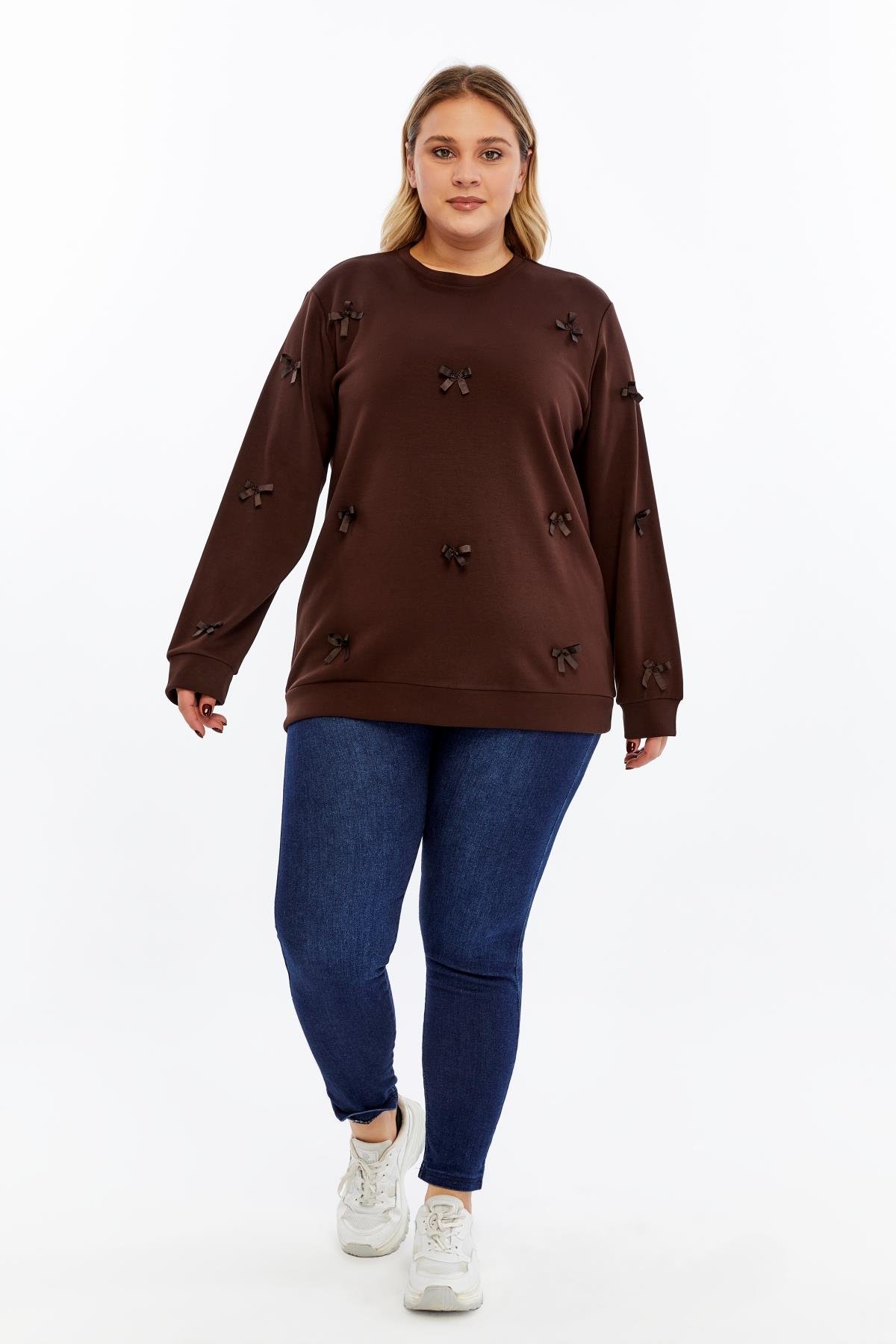 Fiyonk Detaylı Büyük Beden Sweatshirt Kahve