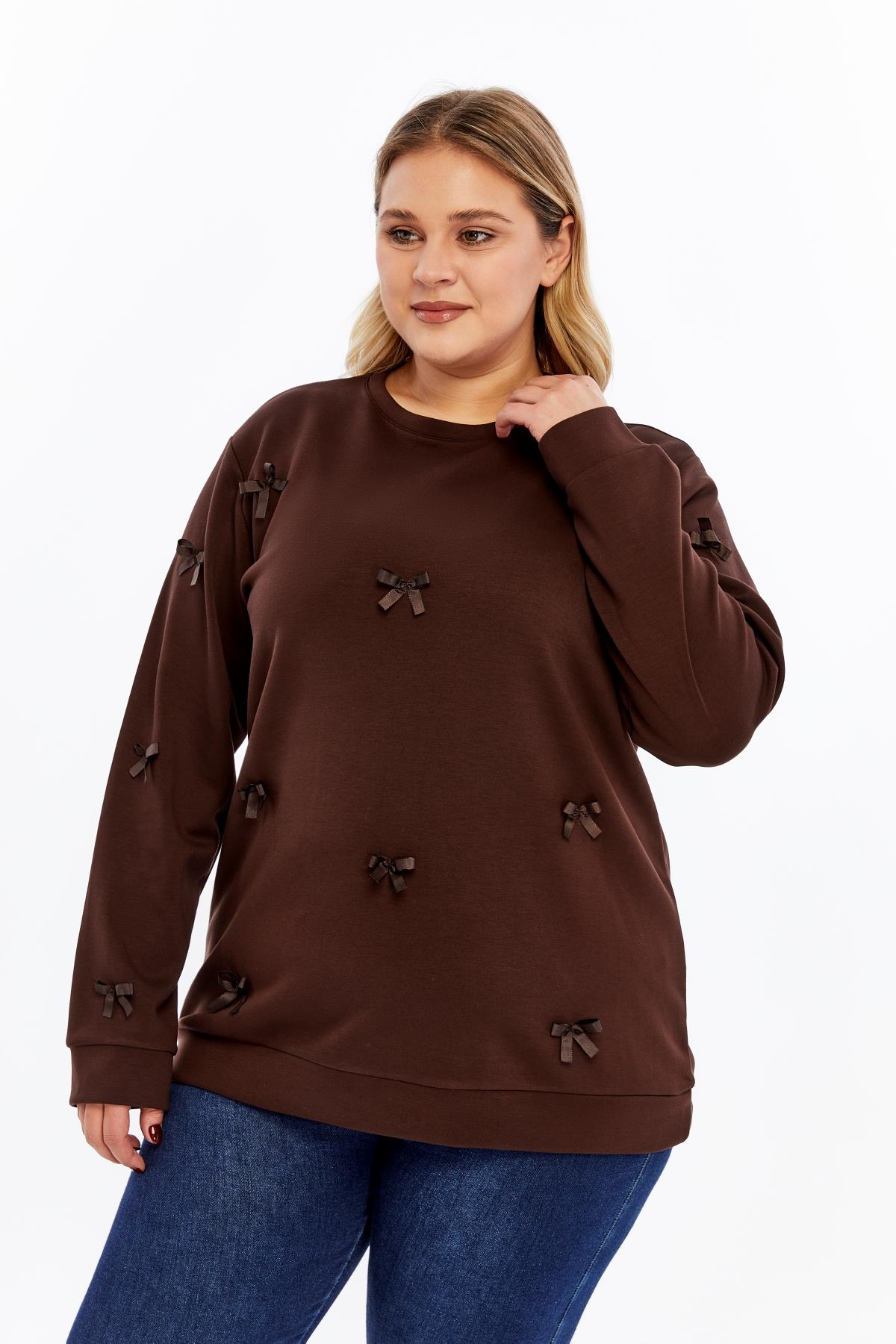 Fiyonk Detaylı Büyük Beden Sweatshirt Kahve