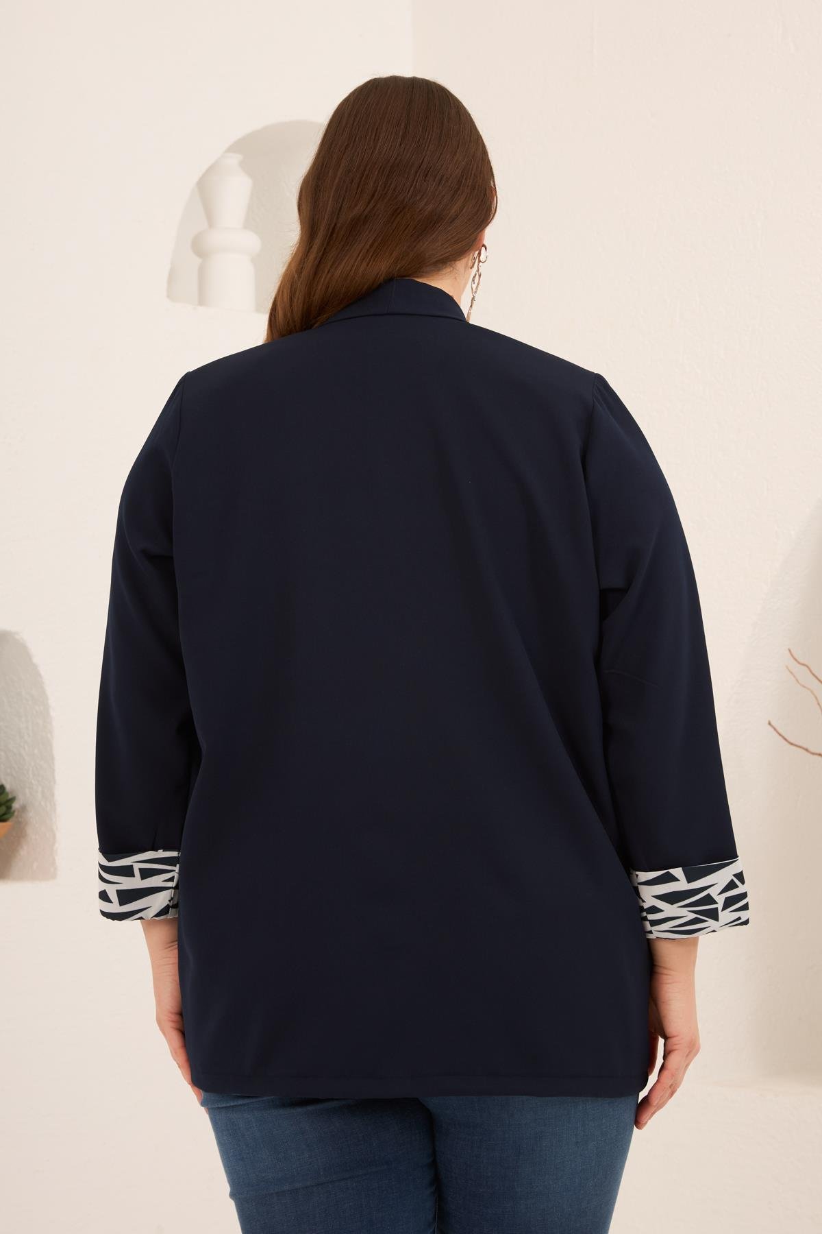 Geometrik Desenli Kadın Büyük Beden Atlet Ceket Takım Lacivert - RMG