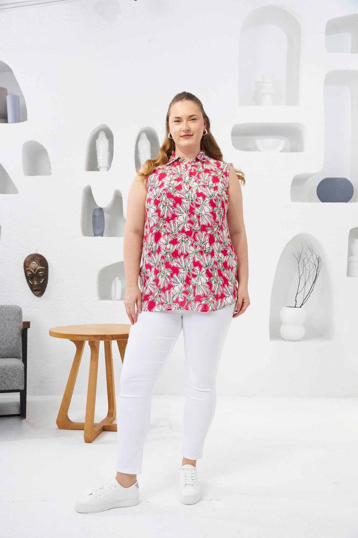 Gömlek Yaka Desenli Sıfır Kol Büyük Beden Bluz Fuşya