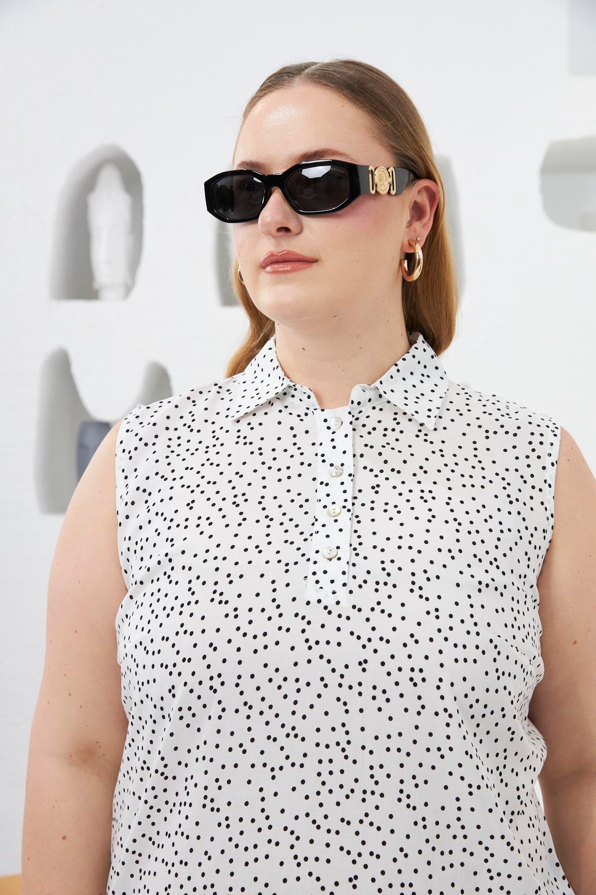 Gömlek Yaka Desenli Sıfır Kol Büyük Beden Bluz Beyaz