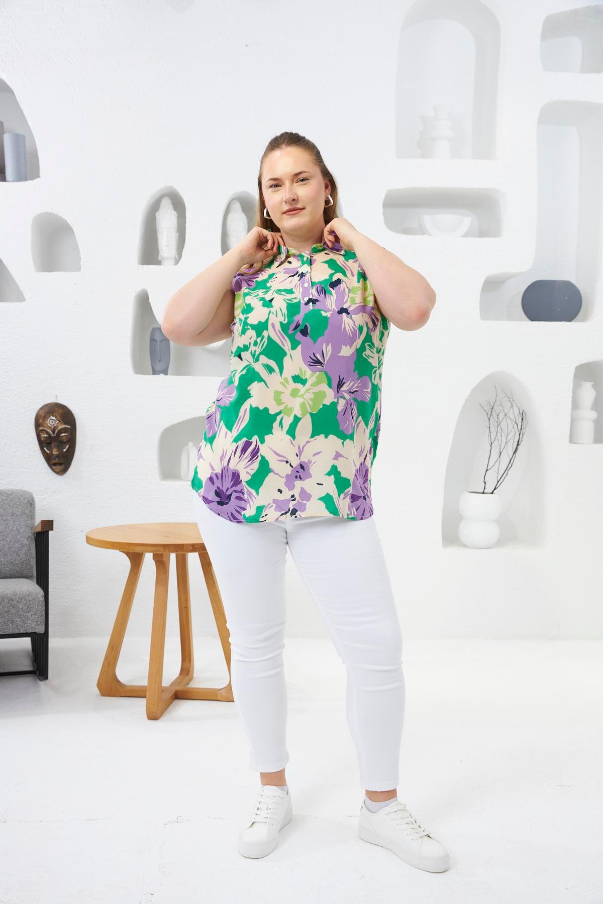 Gömlek Yaka Desenli Sıfır Kol Büyük Beden Bluz Yeşil