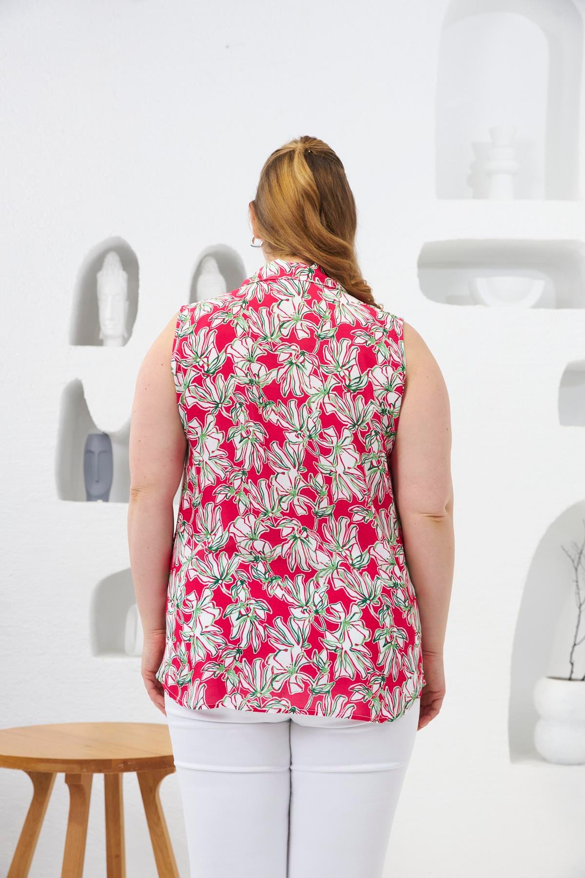 Gömlek Yaka Desenli Sıfır Kol Büyük Beden Bluz Fuşya