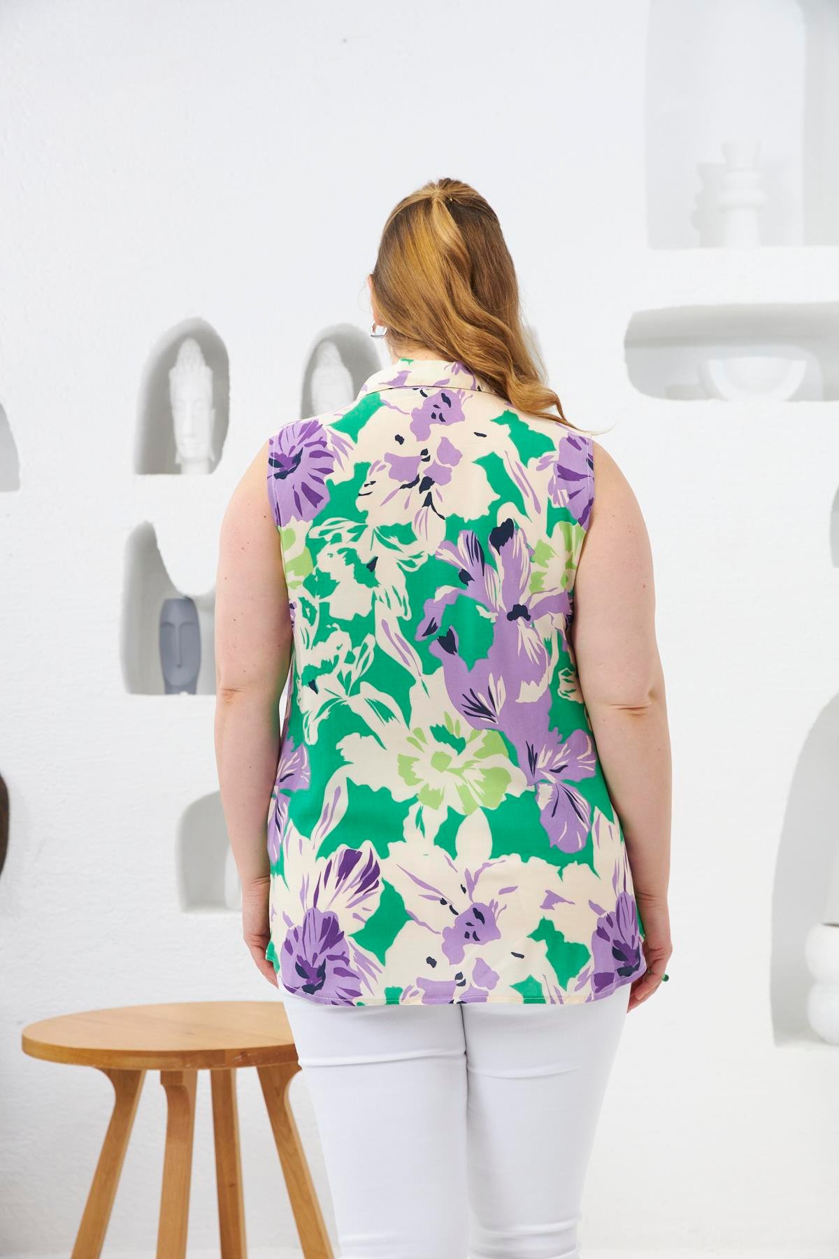 Gömlek Yaka Desenli Sıfır Kol Büyük Beden Bluz Yeşil