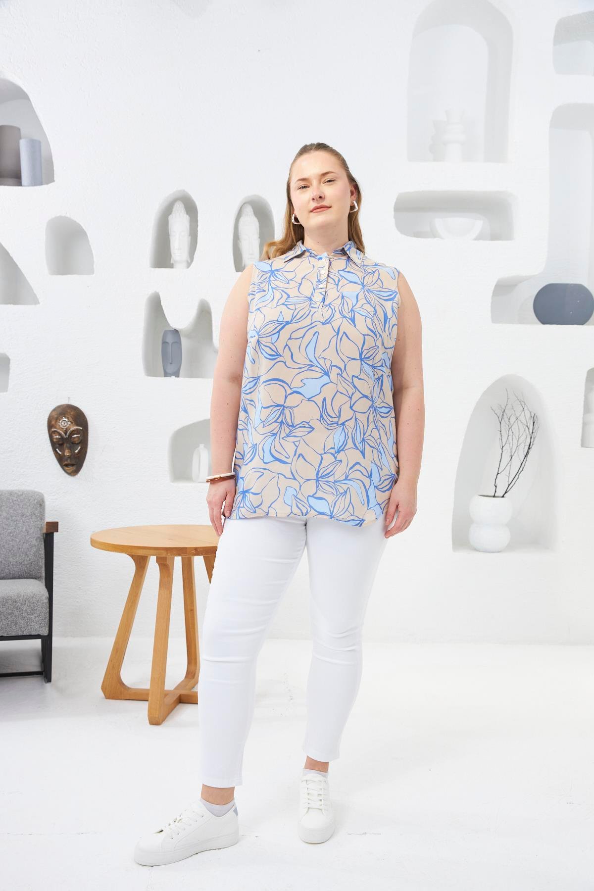 Gömlek Yaka Desenli Sıfır Kol Büyük Beden Bluz İndigo