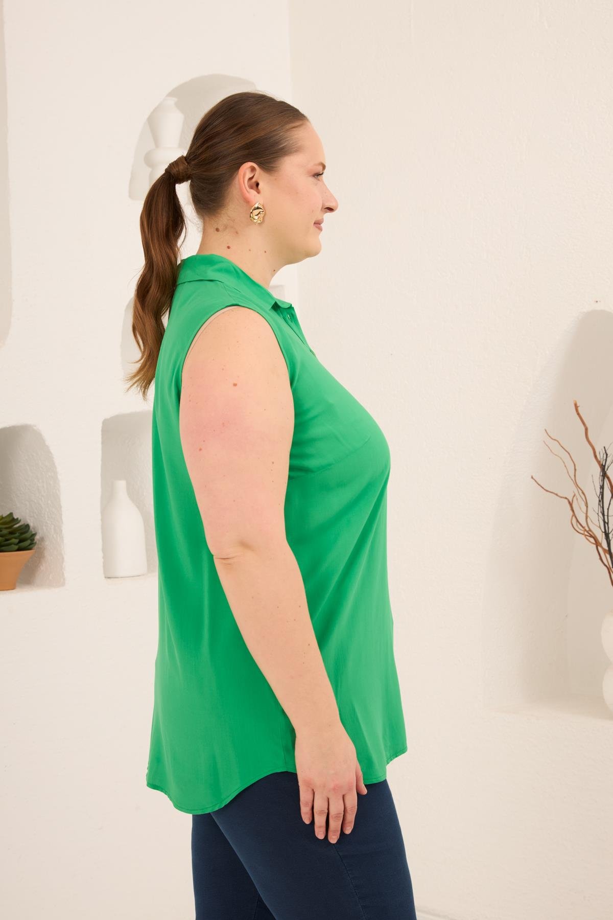 Gömlek Yaka Kolsuz Büyük Beden Viskon Bluz Yeşil - RMG