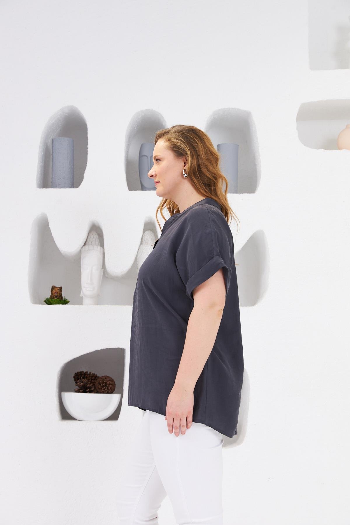 Hakim Yaka Büyük Beden Bluz Füme