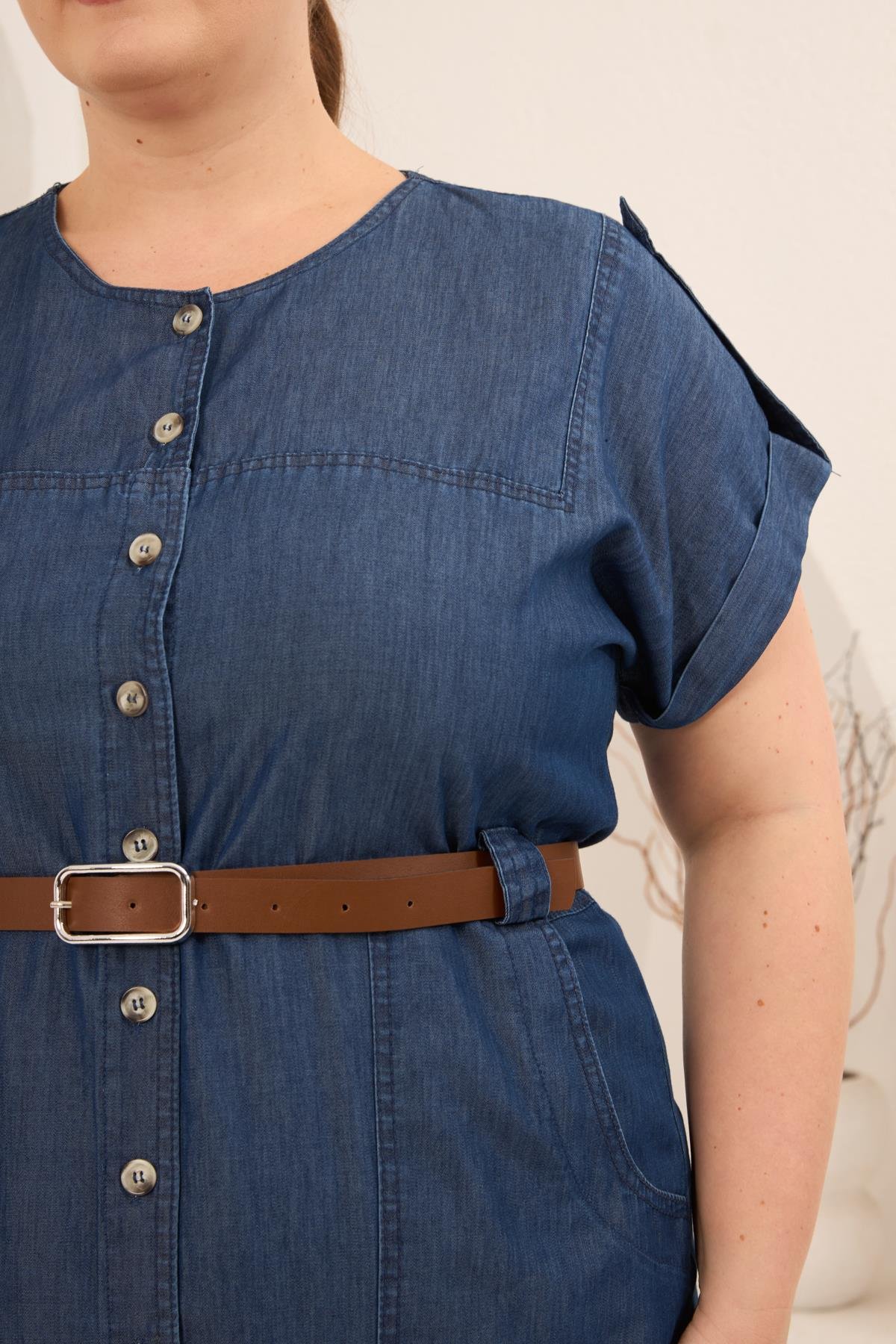 Hasır Kemer Detaylı Büyük Beden Tensel Elbise Mavi - RMG