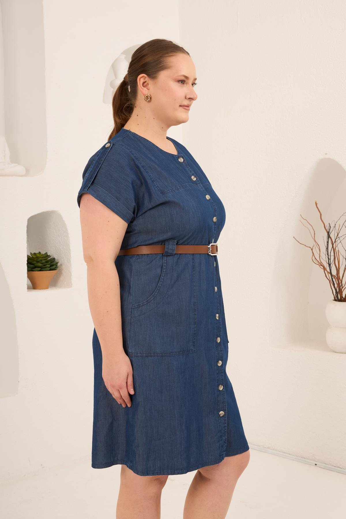 Hasır Kemer Detaylı Büyük Beden Tensel Elbise Mavi - RMG