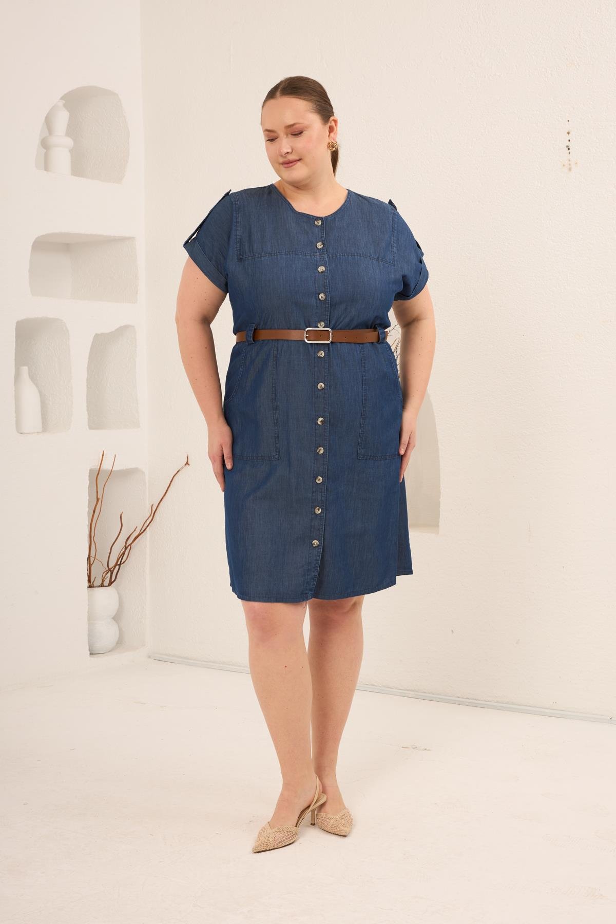 Hasır Kemer Detaylı Büyük Beden Tensel Elbise Mavi - RMG