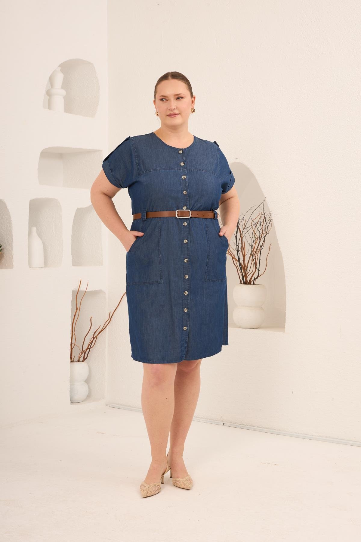 Hasır Kemer Detaylı Büyük Beden Tensel Elbise Mavi - RMG