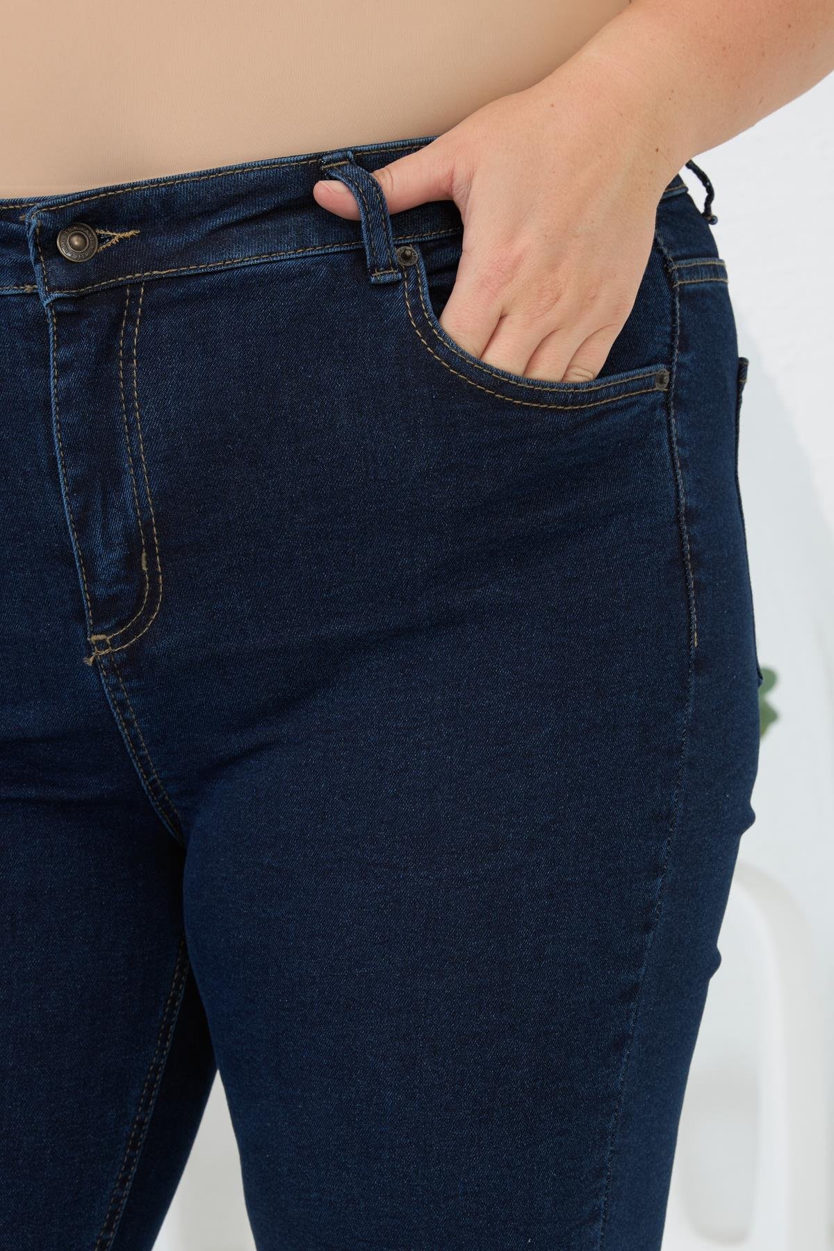 İspanyol Paça Büyük Beden Kot Pantolon Koyu Lacivert