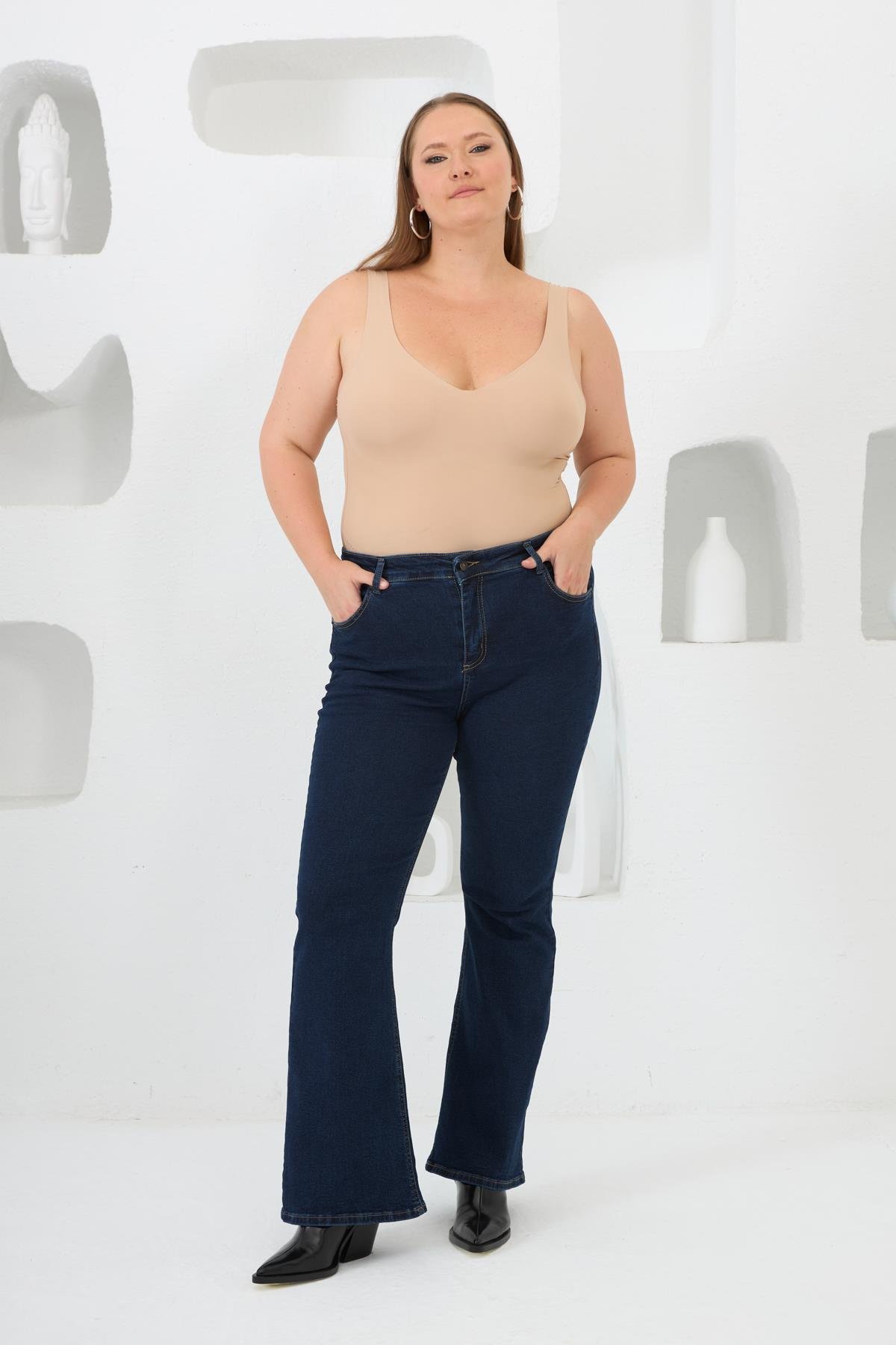 İspanyol Paça Büyük Beden Kot Pantolon Koyu Lacivert