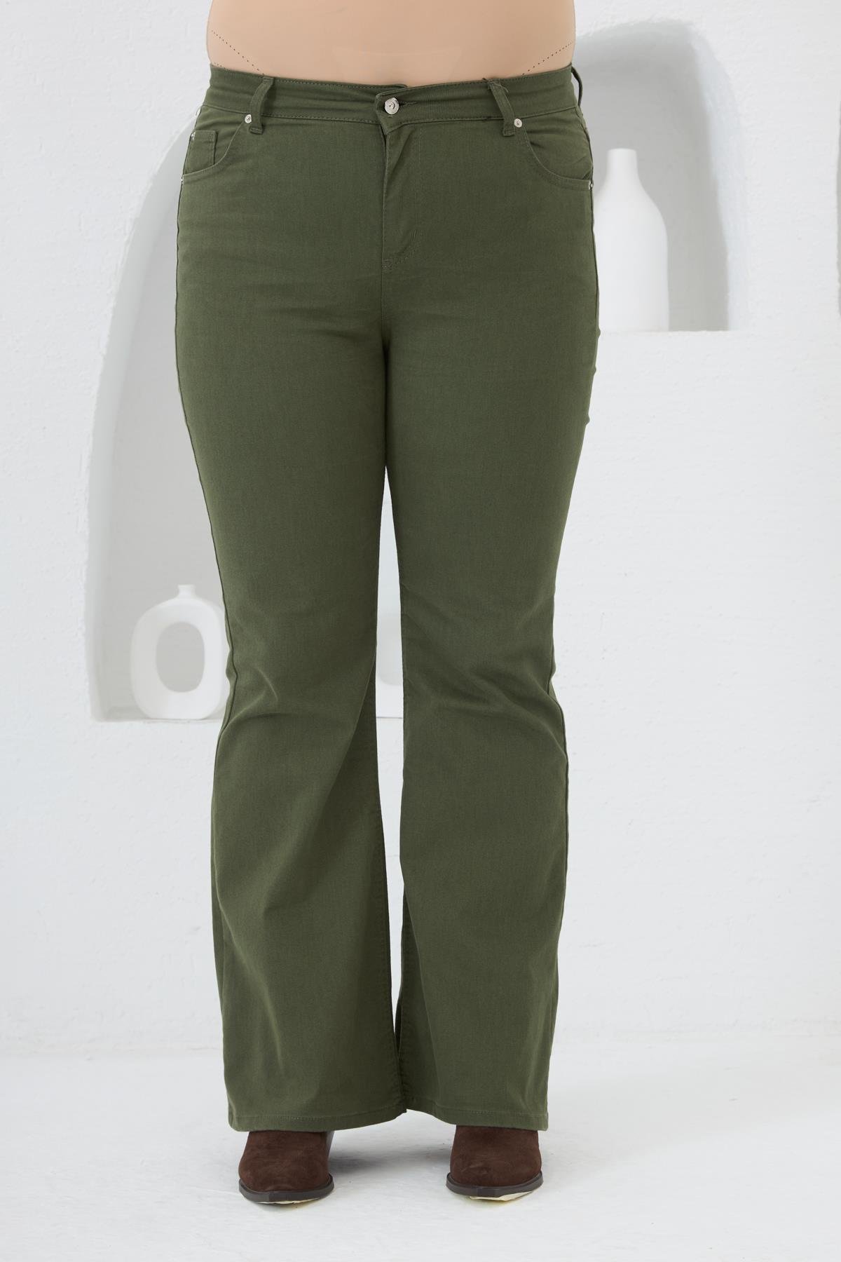 İspanyol Paça Büyük Beden Pamuk Pantolon Haki