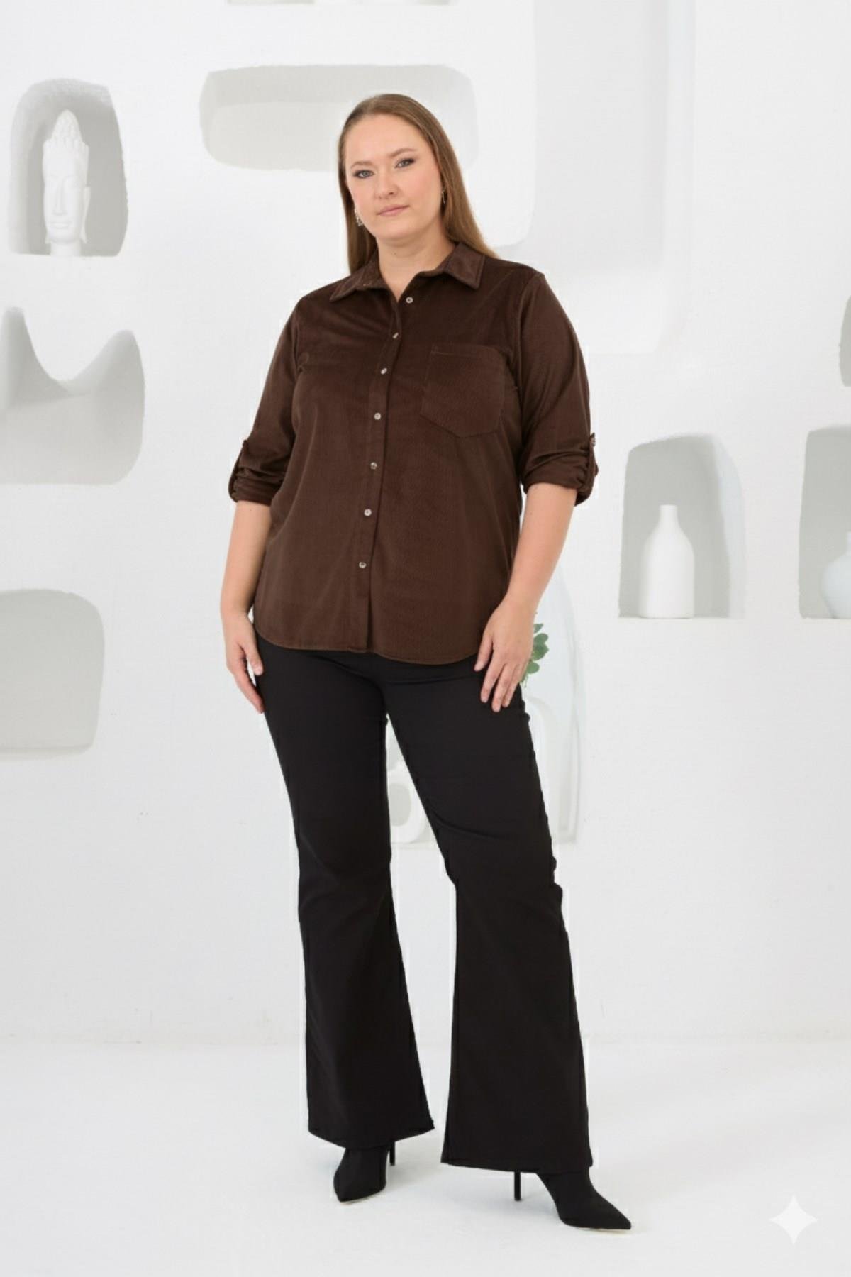 Kadife Büyük Beden Kol Çıtçıtlı Gömlek Kahve - RMG