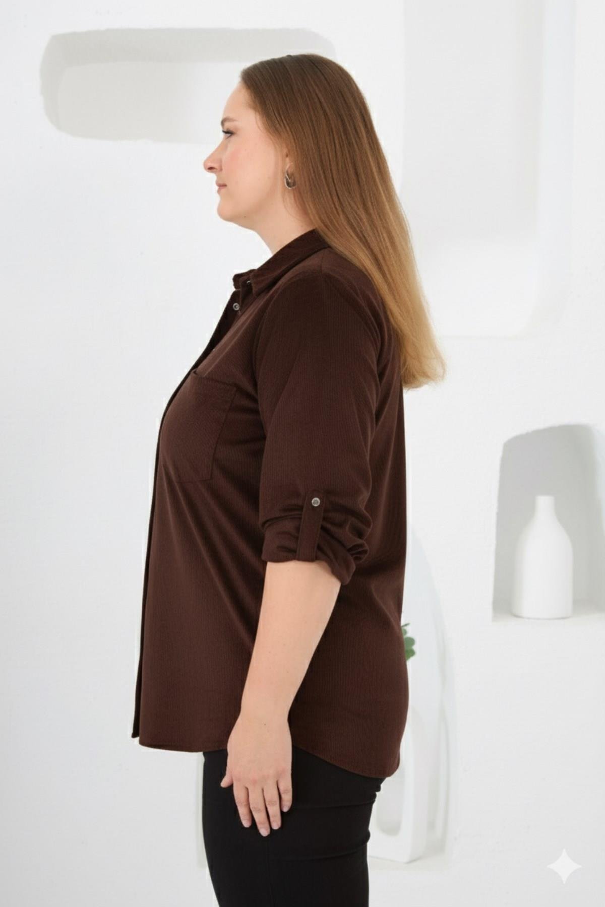 Kadife Büyük Beden Kol Çıtçıtlı Gömlek Kahve - RMG