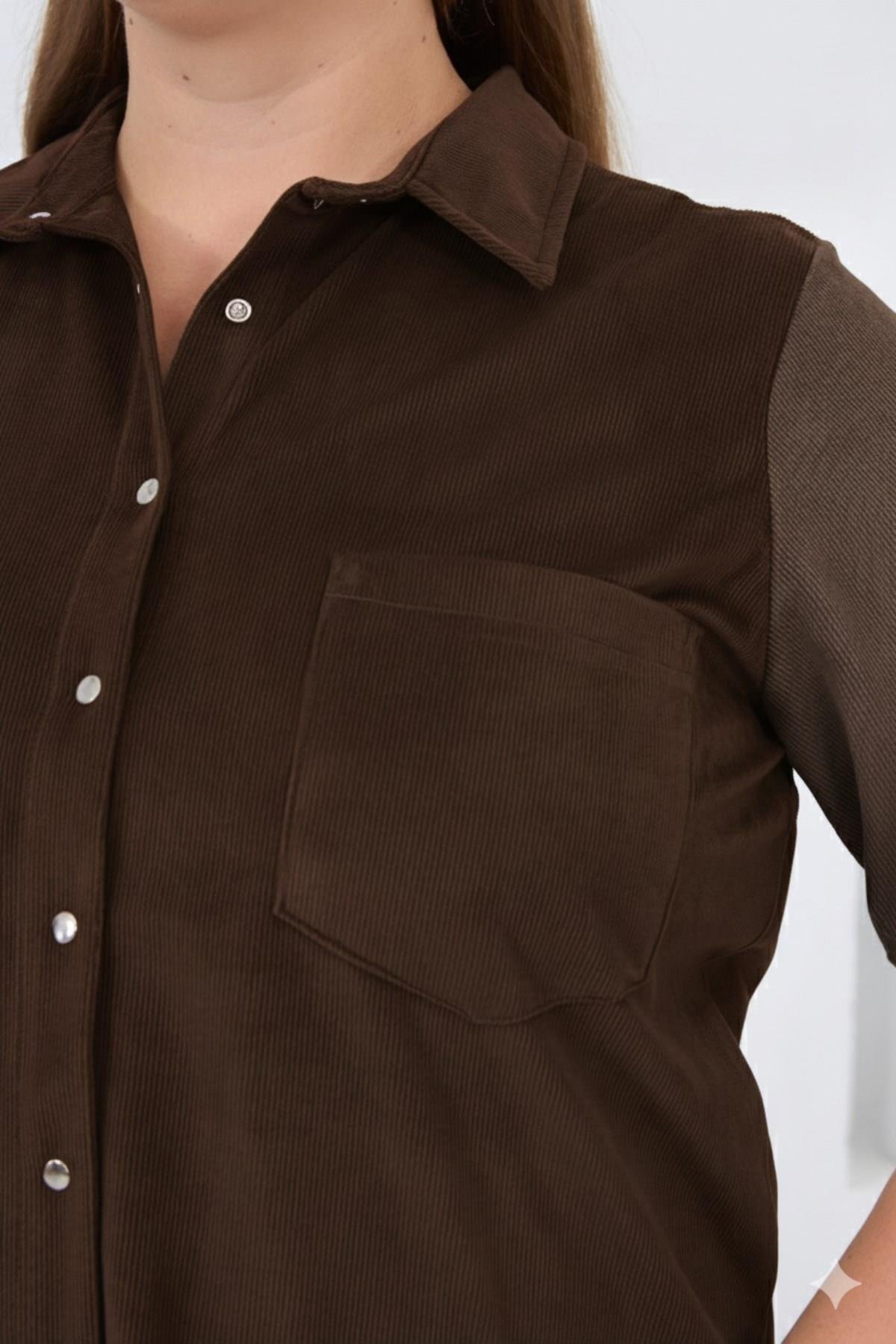 Kadife Büyük Beden Kol Çıtçıtlı Gömlek Kahve - RMG